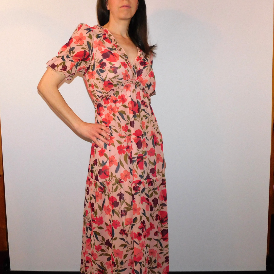 Boho floral dress, V-neck maxi dress, summer floral gown, ruffle maxi dress, wrinkle-resistant dress, breathable floral dress, bohemian chic style, high waist maxi, sky blue floral dress, fiery red maxi.