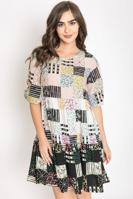 ditsy floral dress, patchwork babydoll dress, boho woven dress, tiered floral dress, made in USA clothing, mixed print mini dress, bohemian summer style