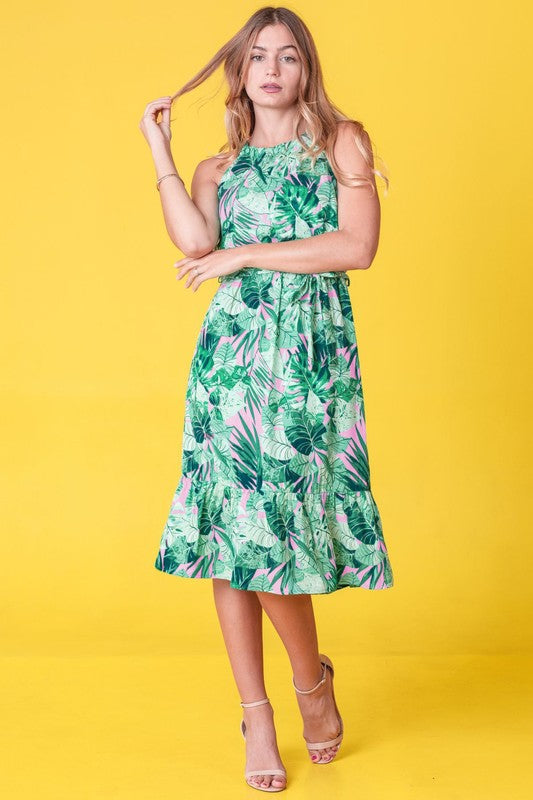 Plus size tropical dress, halter neck midi, palm print sash dress, women's vacation wear, summer dresses made in USA, curve-flattering sundress, green leaf print dress.