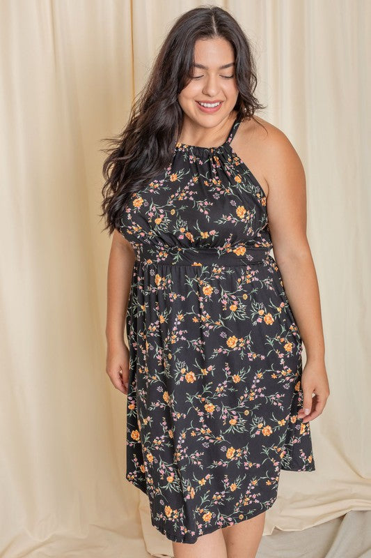 plus size floral dress, halter midi dress, curvy summer fashion, Made in USA midi dress, floral halter top dress, plus size sundress, women's curve clothing