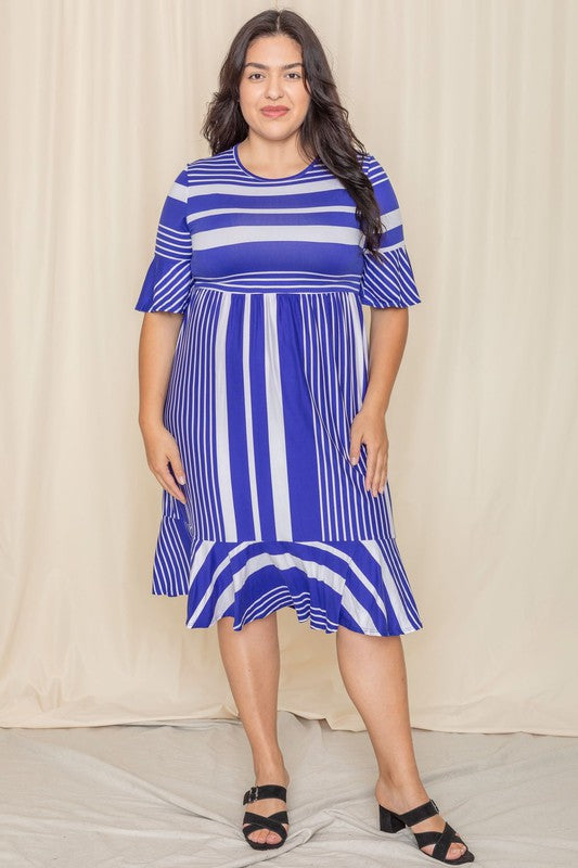 Plus size midi dress, striped ruffle dress, blue and white stripe dress, women's plus fashion, made in USA dress, mix stripe dress, summer midi dress, plus size boutique.