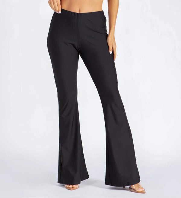 High waisted flared pants, women's flare leggings, bell bottom trousers, Made in USA pants, stretch work pants, black flared pants, flattering high waist pants, premium polyester spandex pants.