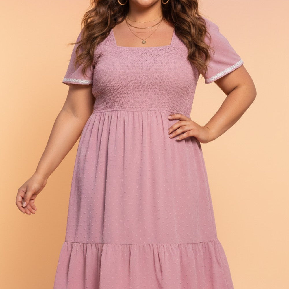 plus size midi dress, swiss dot dress, smocked bodice dress, square neck dress, curvy fashion, flowy tiered dress, plus size summer dress, elegant pink dress
