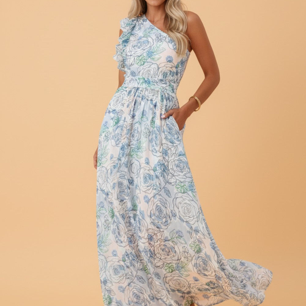 floral maxi dress, one shoulder ruffle dress, summer wedding guest dress, garden party attire, sleeveless floral gown, women's maxi dress with pockets, elegant summer sundress