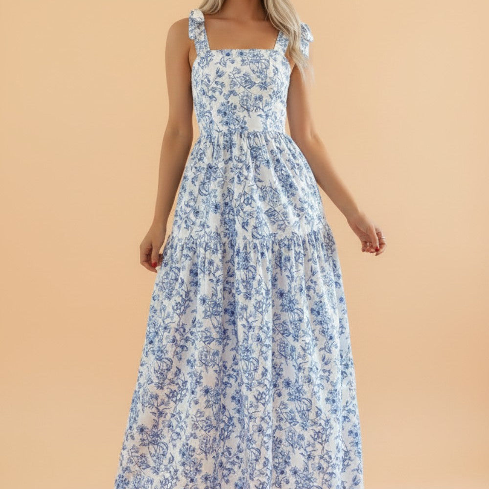 Floral maxi dress, tie strap sundress, summer flare dress, pink floral print, cottagecore fashion, breathable summer dress, square neck maxi, sleeveless garden dress.