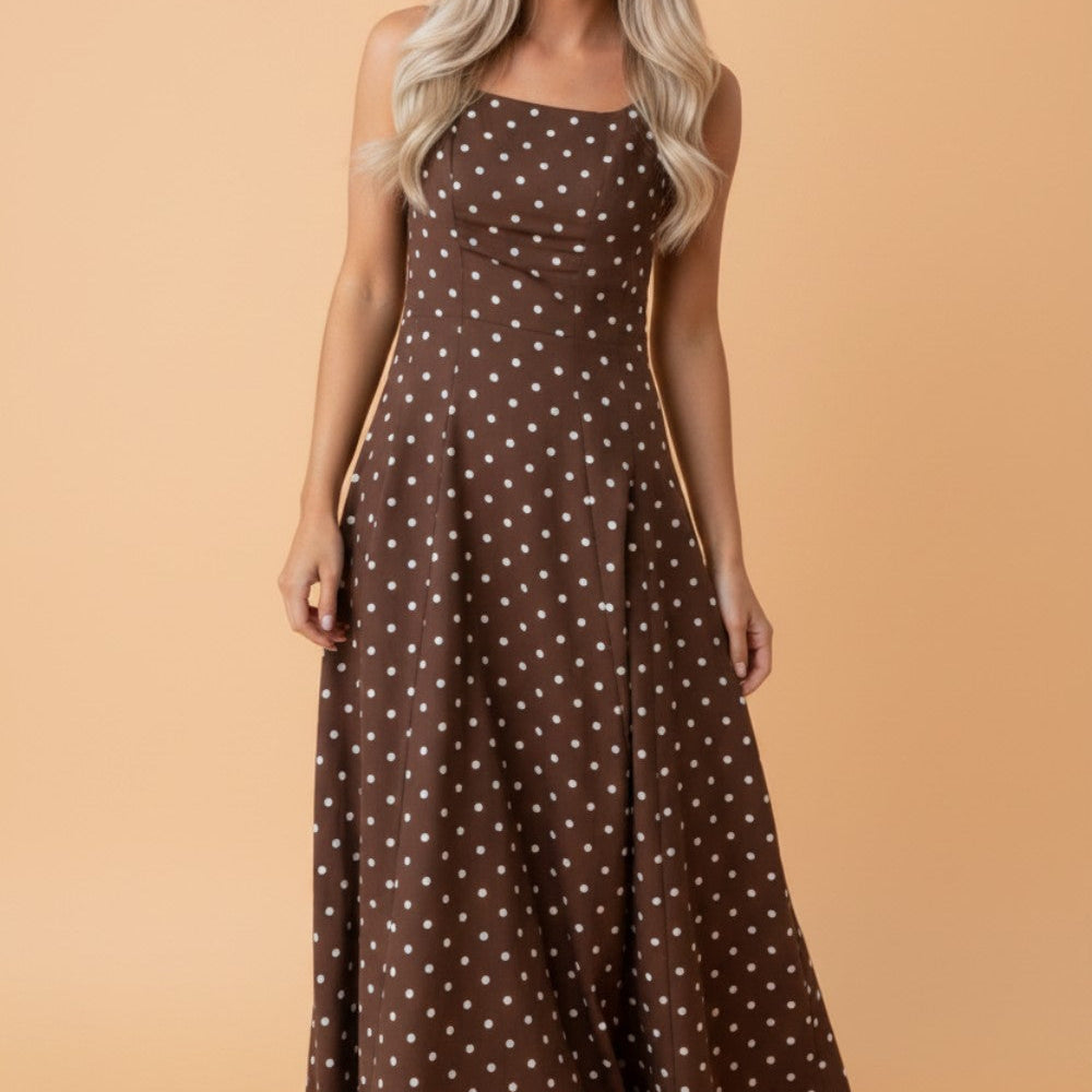 Polka dot maxi dress, square neck dress, summer vacation dress, sleeveless maxi, 100% viscose dress, breathable summer clothing, garden party attire, elegant sundress, brown polka dot dress.