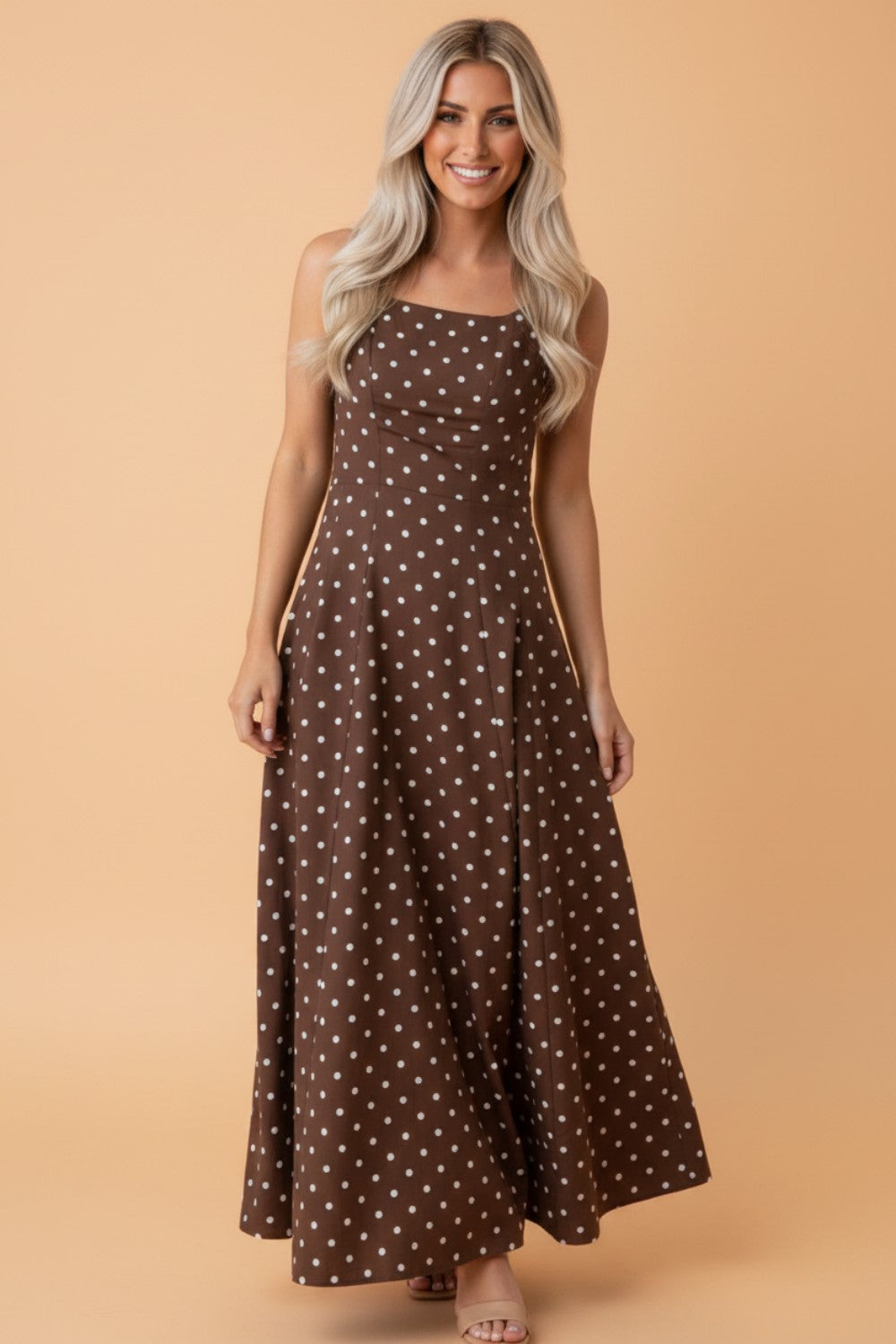 Polka dot maxi dress, square neck dress, summer vacation dress, sleeveless maxi, 100% viscose dress, breathable summer clothing, garden party attire, elegant sundress, brown polka dot dress.