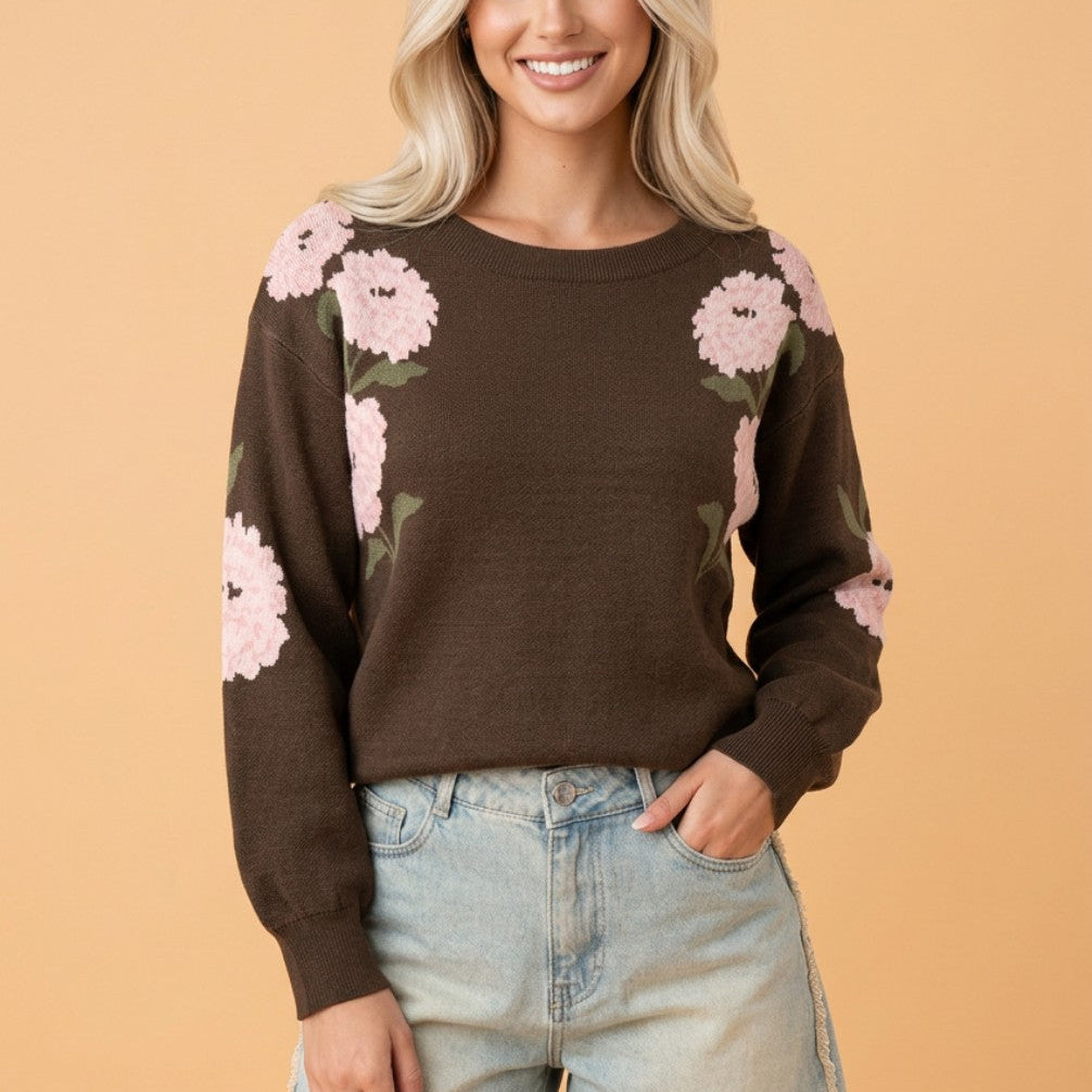 floral sweater, drop shoulder pullover, women's knitwear, off the shoulder sweater, winter fashion, boho floral knit, brown floral top, feminine winter layers
