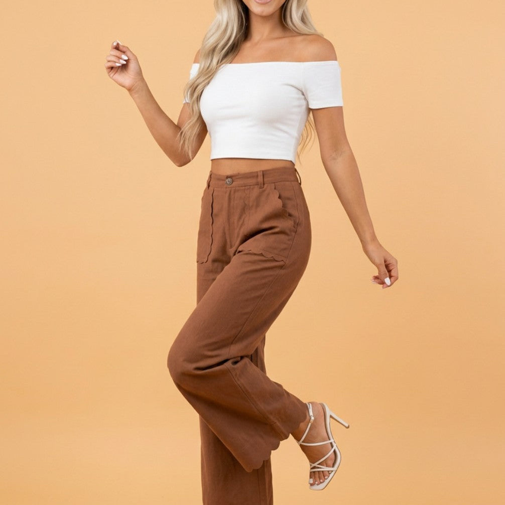 scalloped pants, high waisted trousers, wide leg pants, feminine workwear, scalloped hem pants, pocketed trousers, women's fashion, breathable stretch pants
