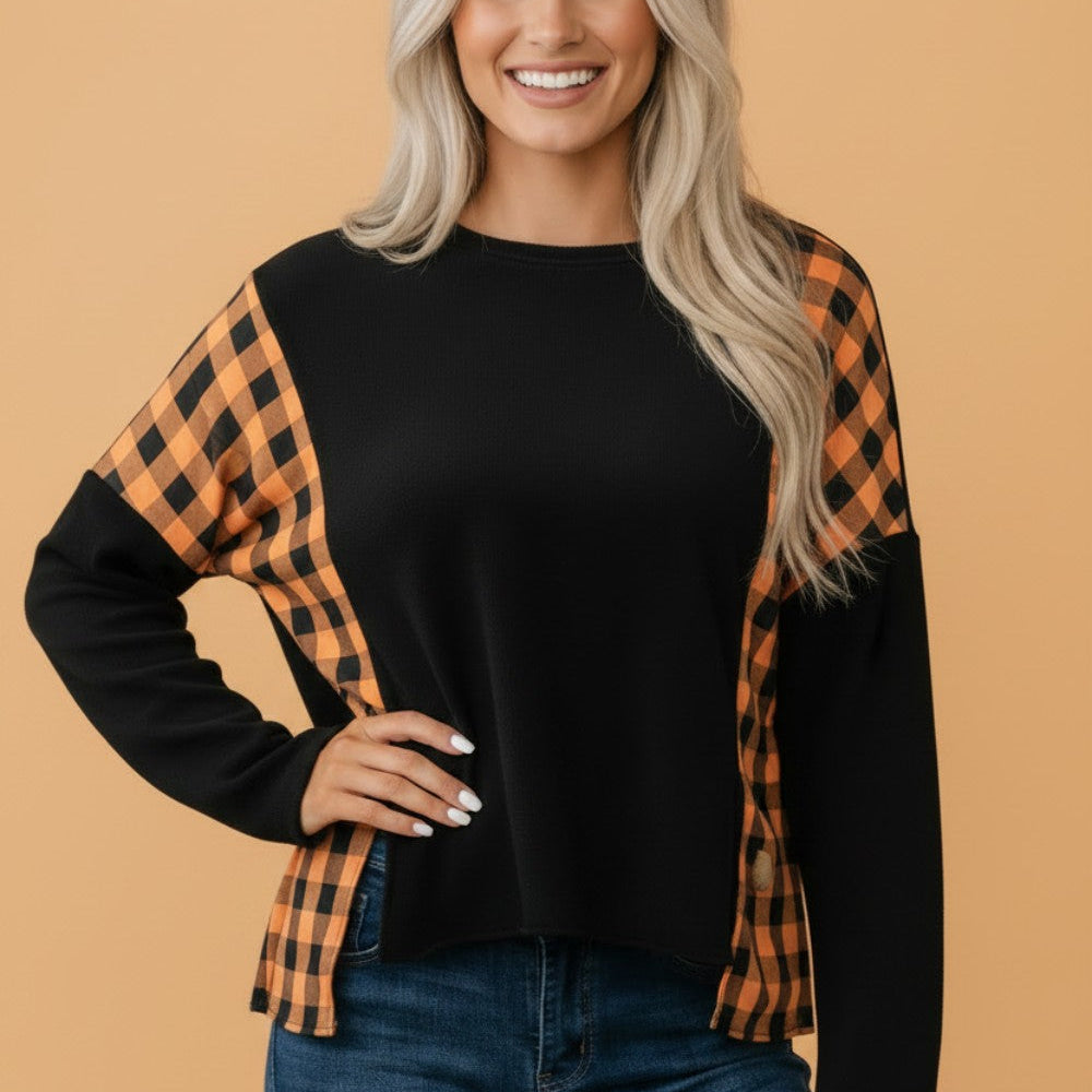 Halloween top, pumpkin patchwork shirt, women's gingham top, orange plaid long sleeve, festive autumn apparel, holiday patchwork blouse, spooky season fashion.