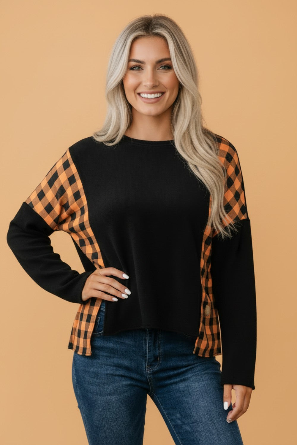 Halloween top, pumpkin patchwork shirt, women's gingham top, orange plaid long sleeve, festive autumn apparel, holiday patchwork blouse, spooky season fashion.