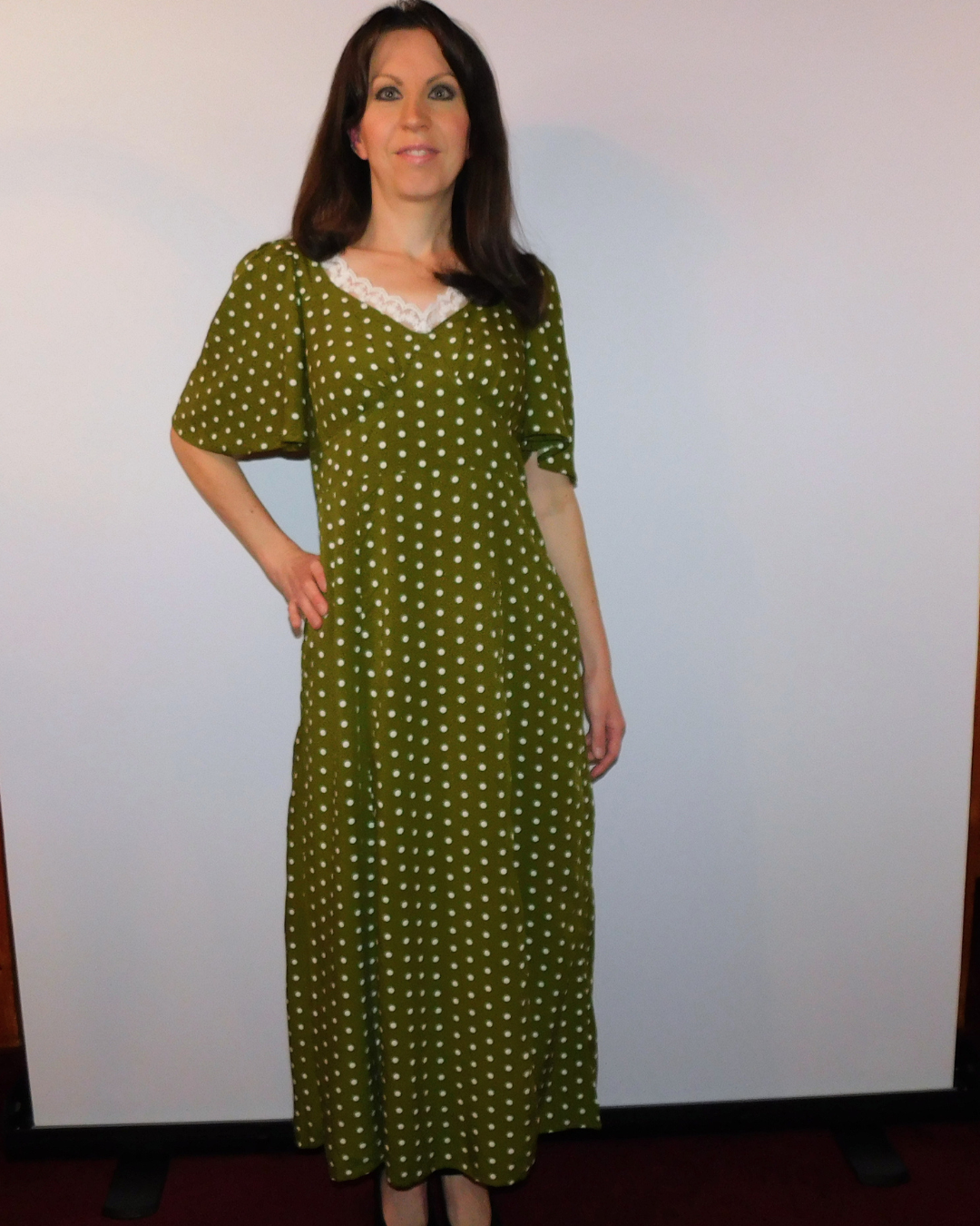 boho maxi dress, olive green polka dot dress, lace trim v-neck dress, smocked back maxi, breathable viscose dress, flutter sleeve summer dress, cottagecore style dress