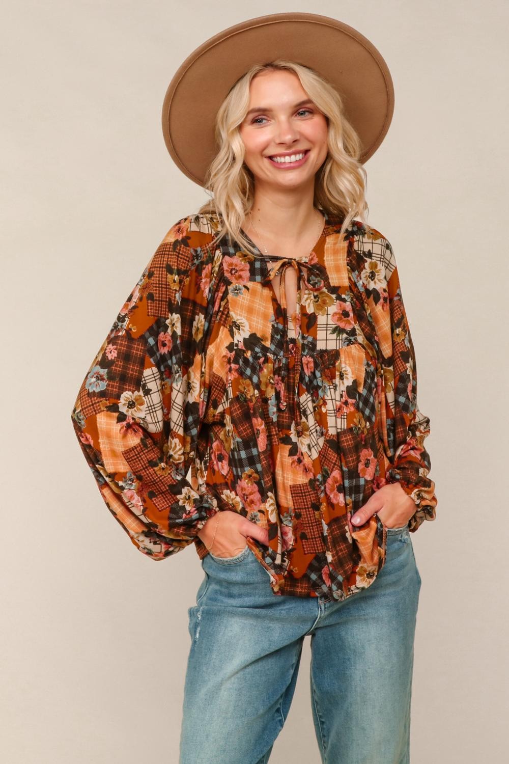 Floral Patchwork Plaid Blouse