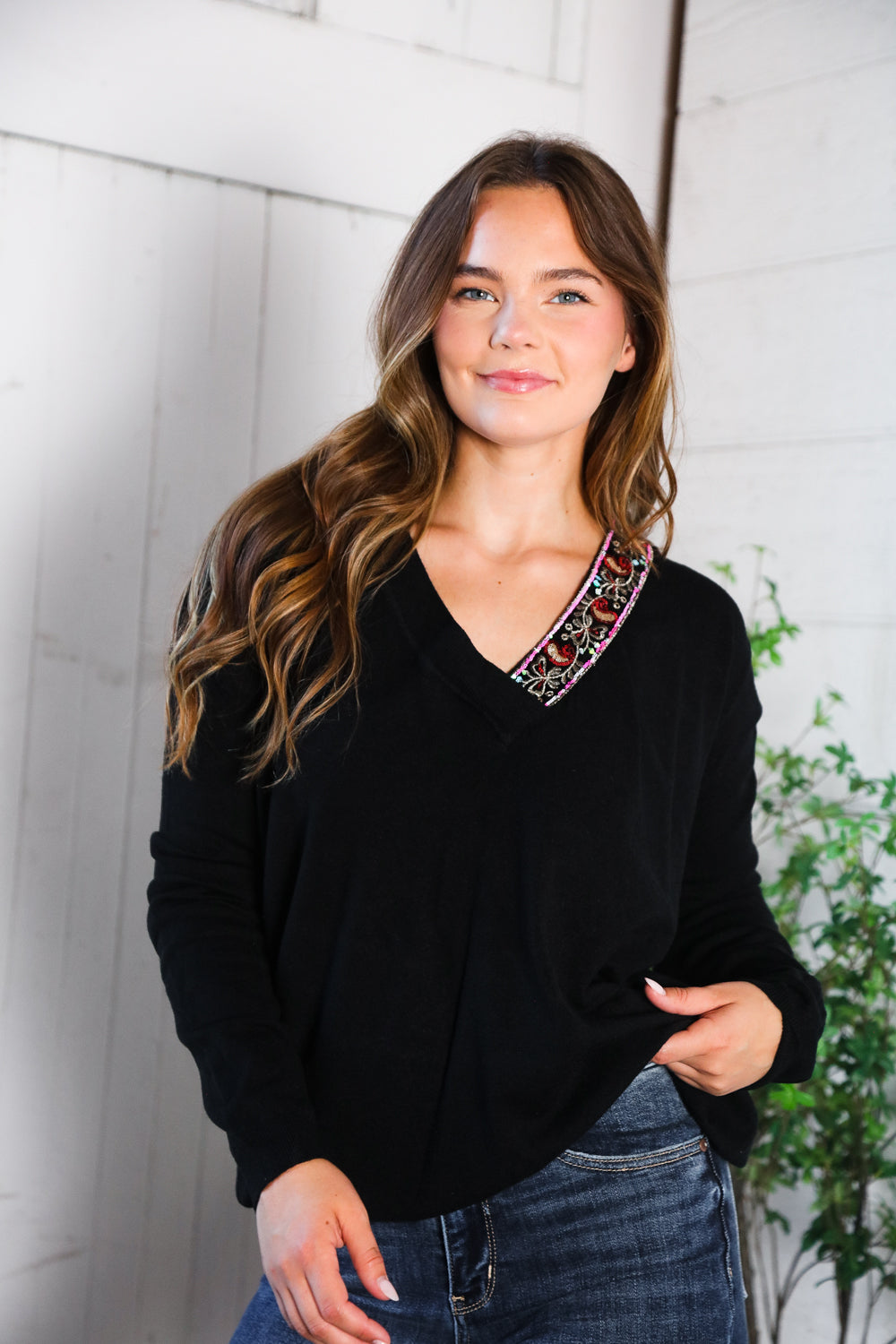 Beaded V-Neck Sweater