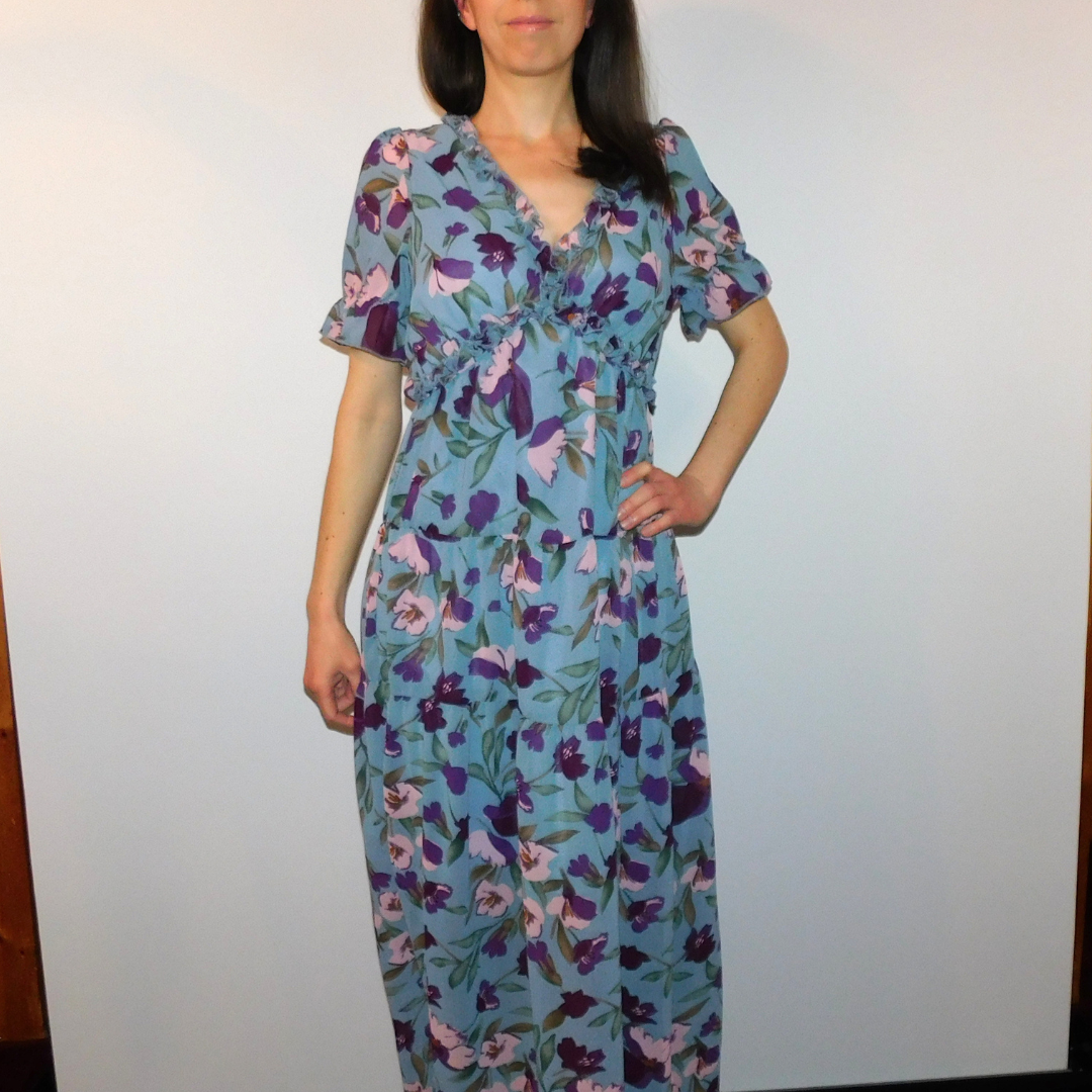 Boho floral dress, V-neck maxi dress, summer floral gown, ruffle maxi dress, wrinkle-resistant dress, breathable floral dress, bohemian chic style, high waist maxi, sky blue floral dress, fiery red maxi.