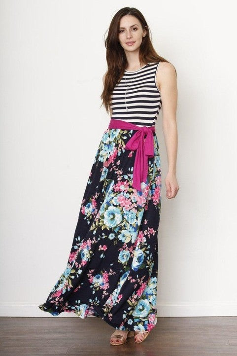 Sleeveless maxi dress, striped floral dress, sash waist maxi, Made in USA fashion, summer floral dress, mixed print maxi, comfortable long dress, women’s boutique dress.