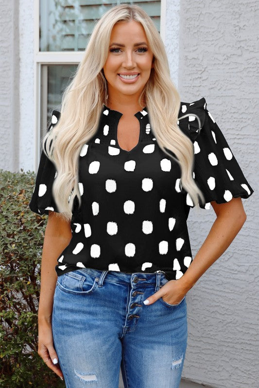 Polka dot blouse, balloon sleeve top, notched v-neck, ruffle shoulder blouse, women's chic tops, boho polka dot shirt, elegant work blouse, Nola blouse