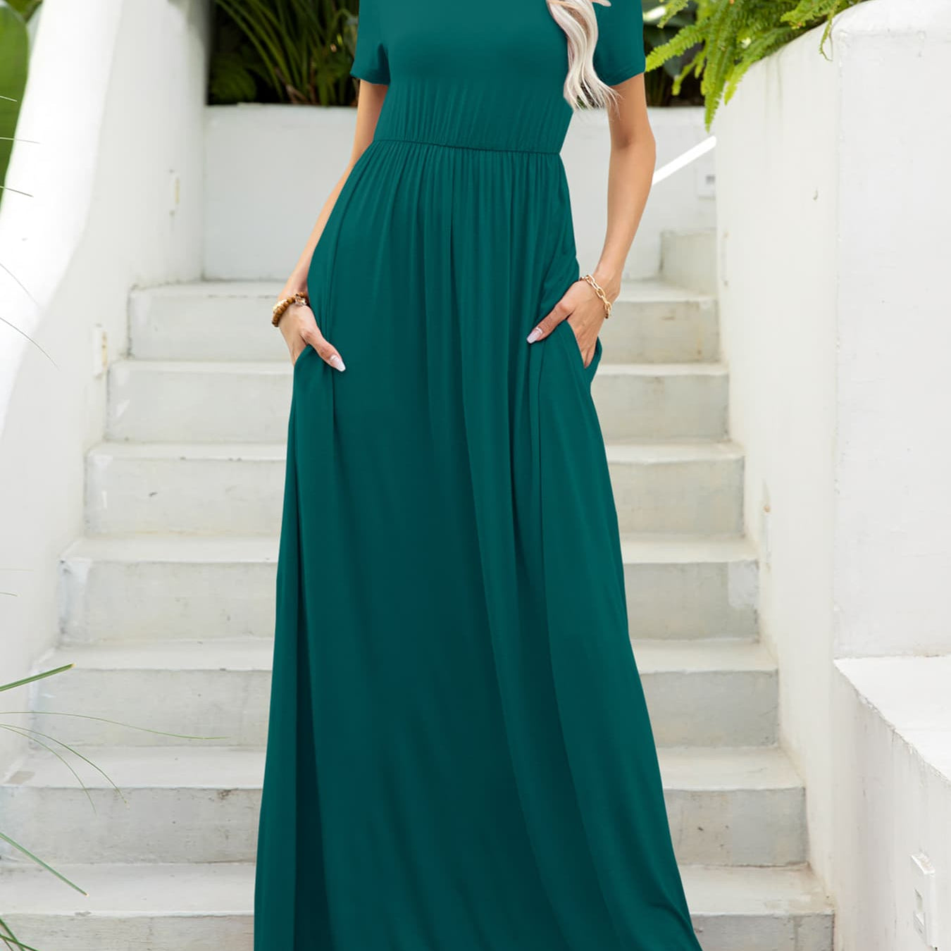 Maxi dress with pockets, short sleeve maxi dress, casual A-line dress, chic summer dress, stretchy long dress, comfortable women's fashion, viscose maxi dress.