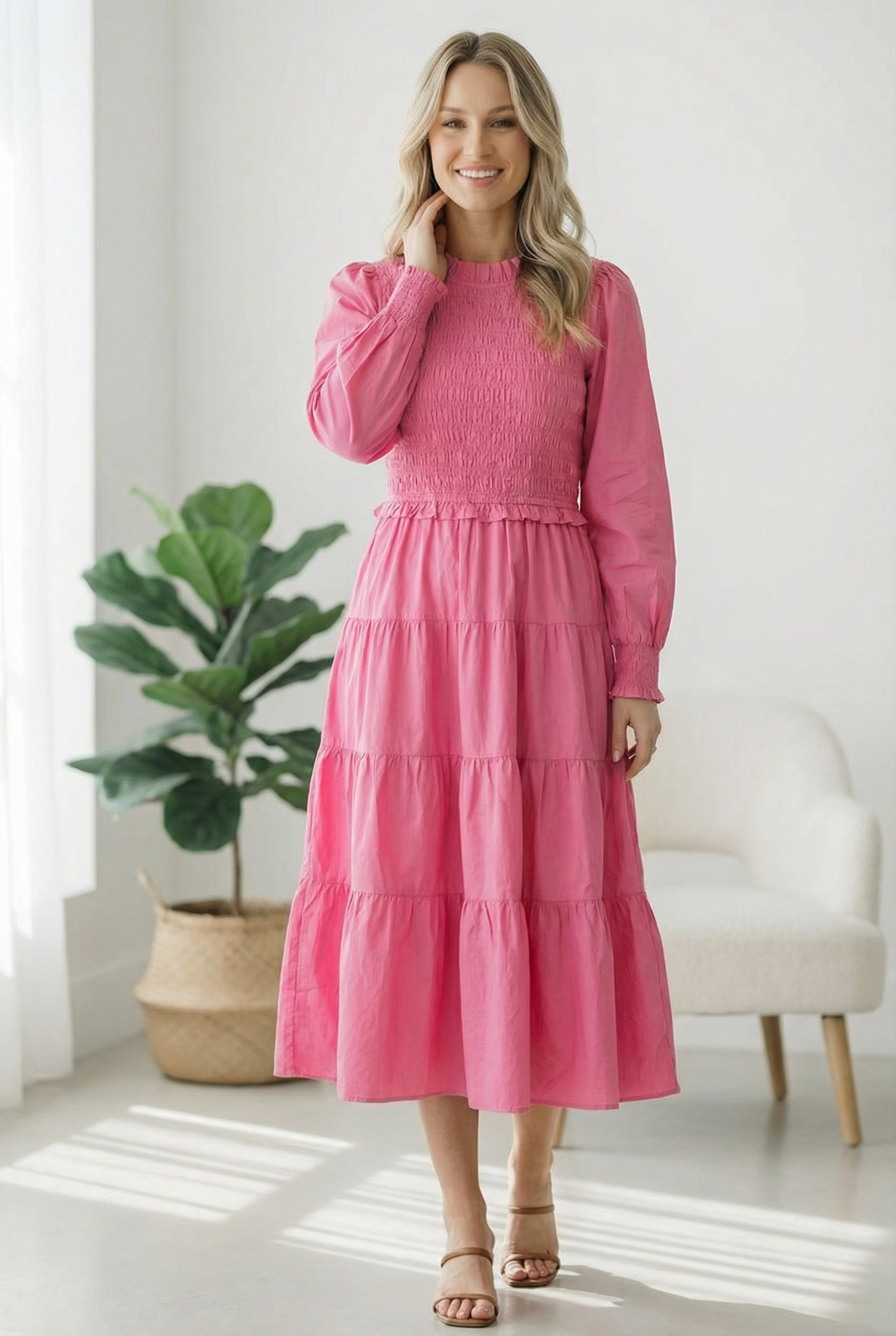 Smocked midi dress, pink cotton dress, tiered midi dress, long sleeve cotton dress, feminine brunch dress, seasonal transition dress, modest midi dress, 100% cotton dress.