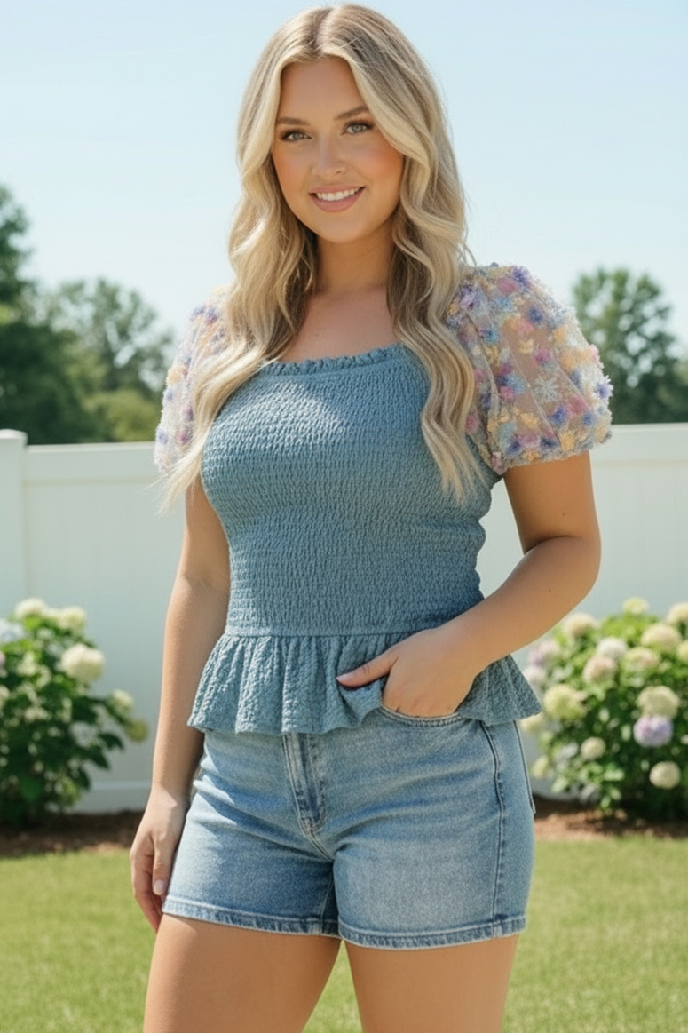smocked peplum top, floral puff sleeve blouse, dusty blue top, sequin floral top, spring brunch outfit, women's feminine tops, ruffle neck peplum, garden party attire