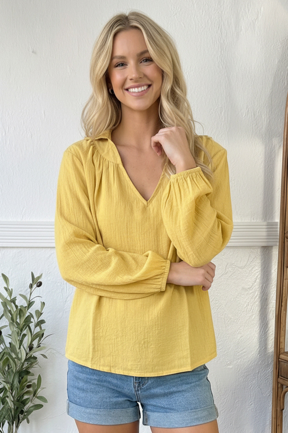 Yellow V-neck blouse