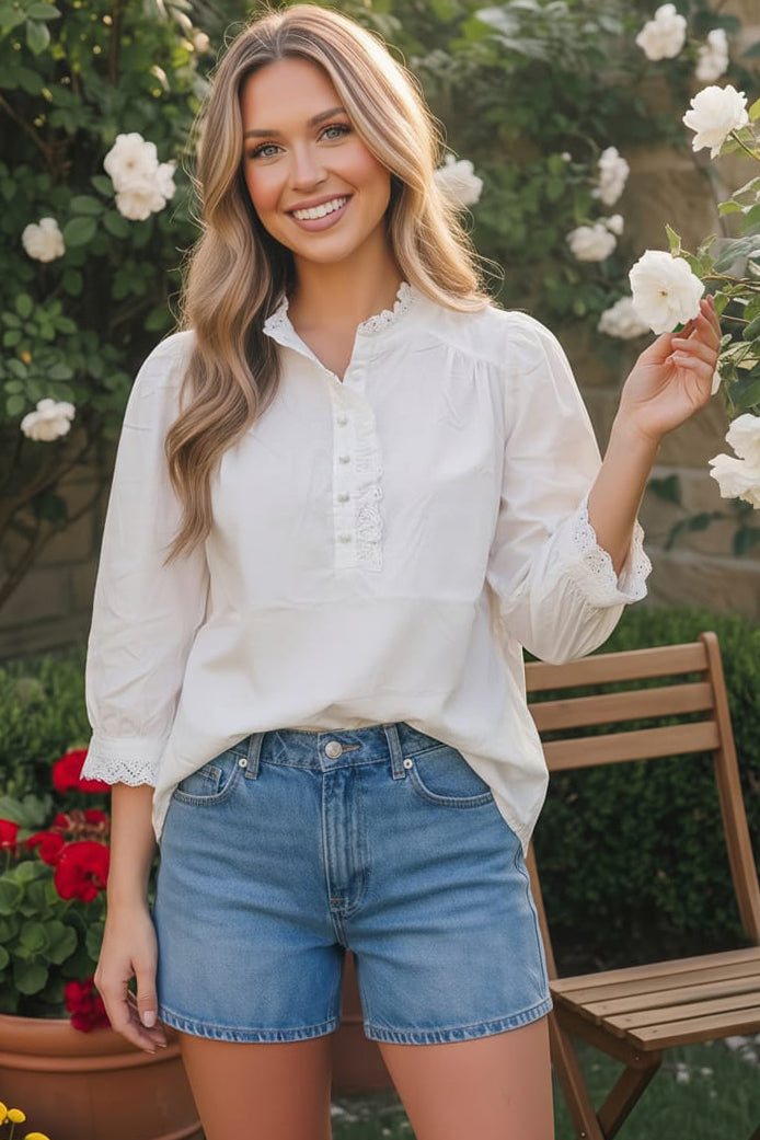 White cotton blouse, lace trim top, puff sleeve popover, garden party style, romantic white shirt, feminine cotton top, 3/4 sleeve blouse, pearl button detail, effortless white top.