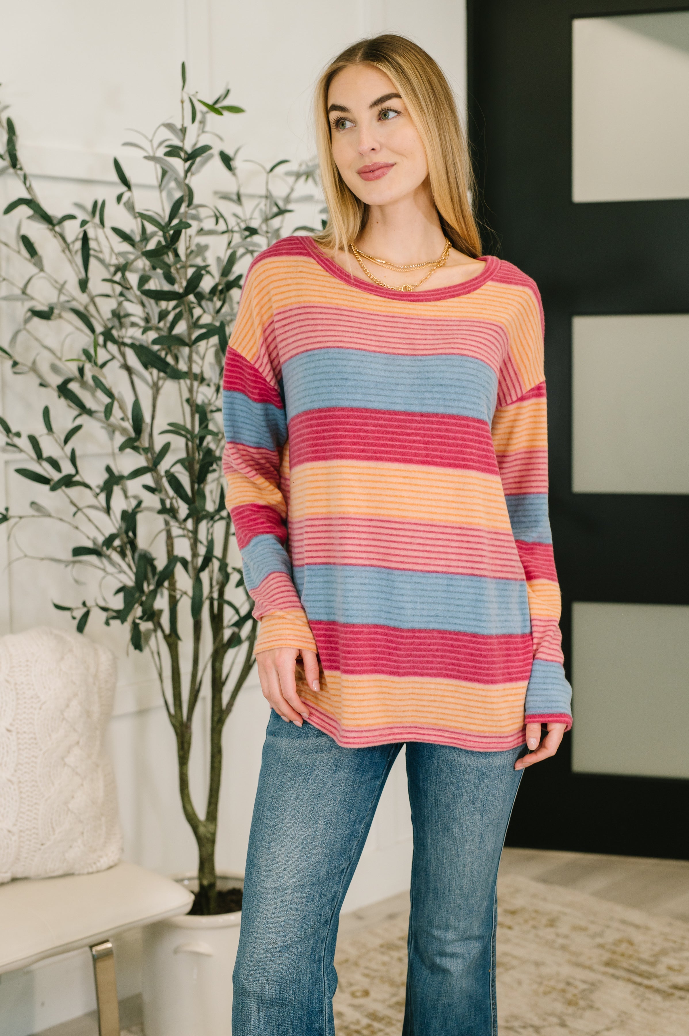 Women's striped top, French terry pullover, drop shoulder sweater, lightweight long sleeve, casual boutique tops, colorful striped shirt, comfortable loungewear, soft stretch top.
