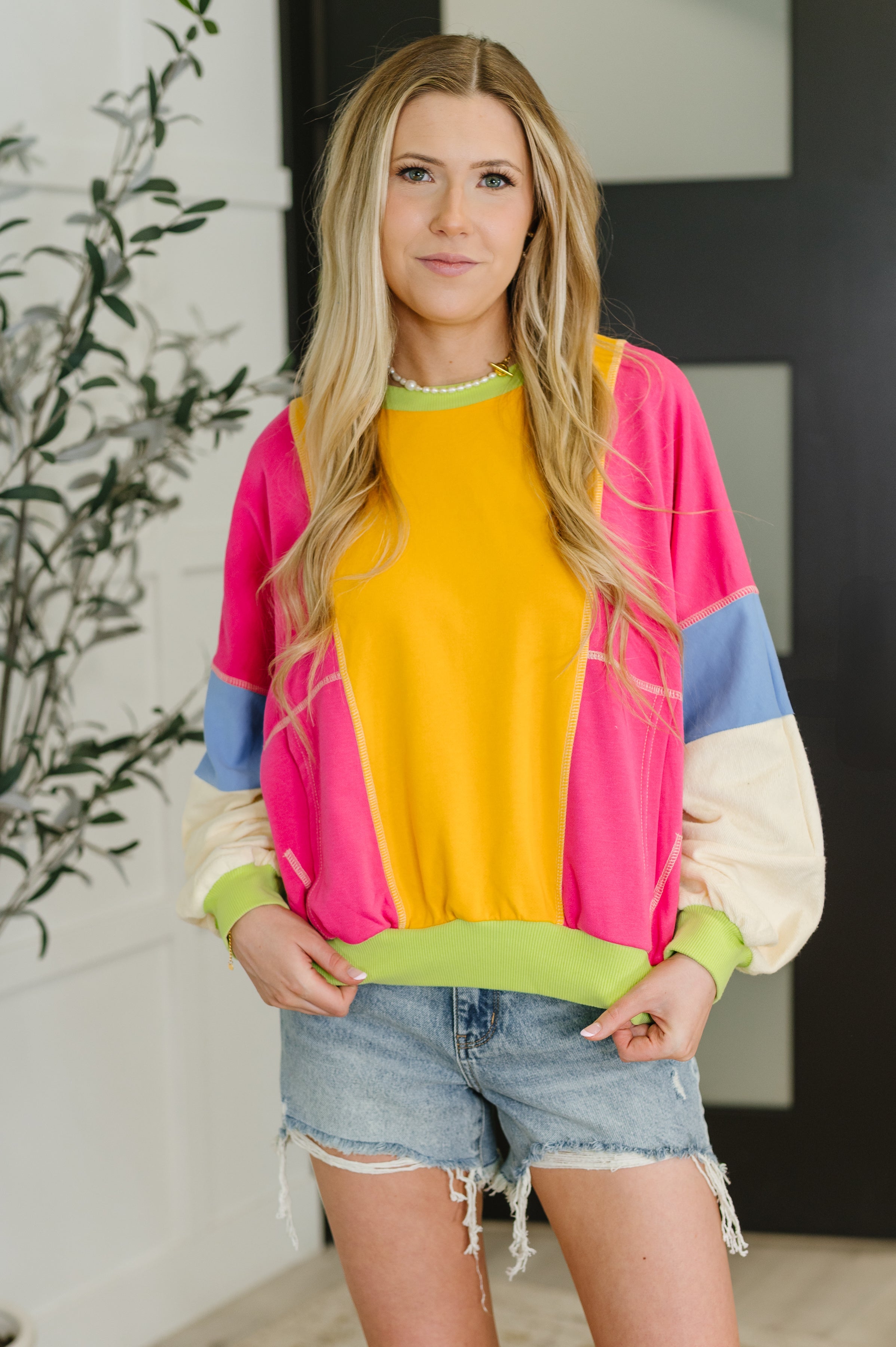 color block pullover, bright women's sweatshirt, French Terry top, dolman sleeve sweater, vibrant loungewear, colorful pullover with pockets, retro style sweatshirt, chic casual wear