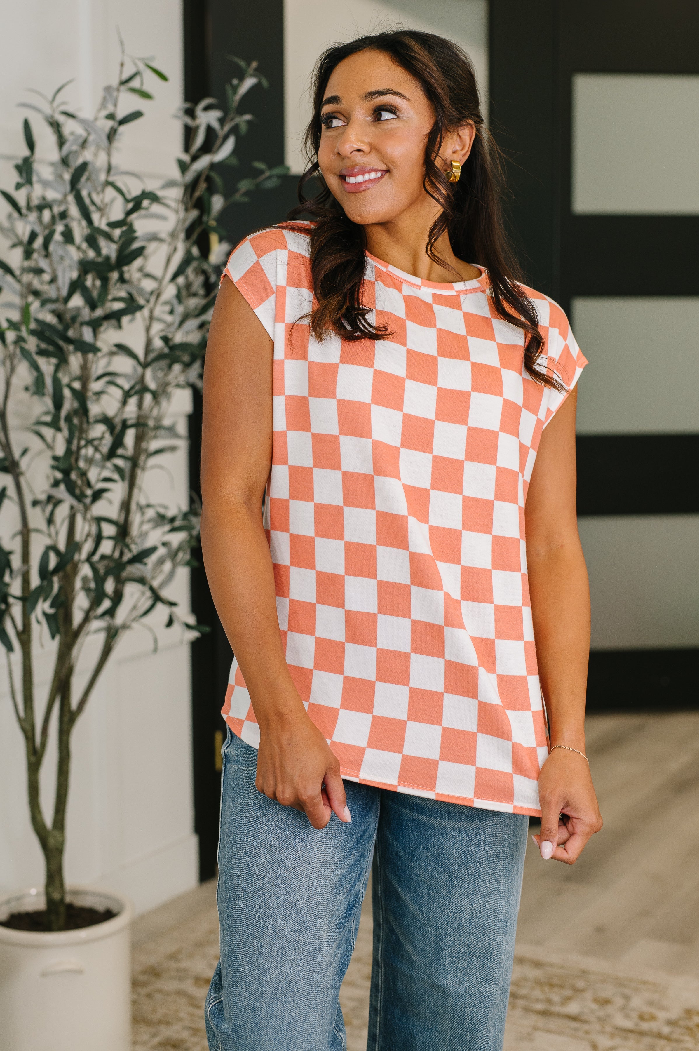 Orange checkered top, French Terry sleeveless shirt, women’s orange casual top, stretch fabric sleeveless top, checkered boutique top, summer layering essentials, orange round neck top.