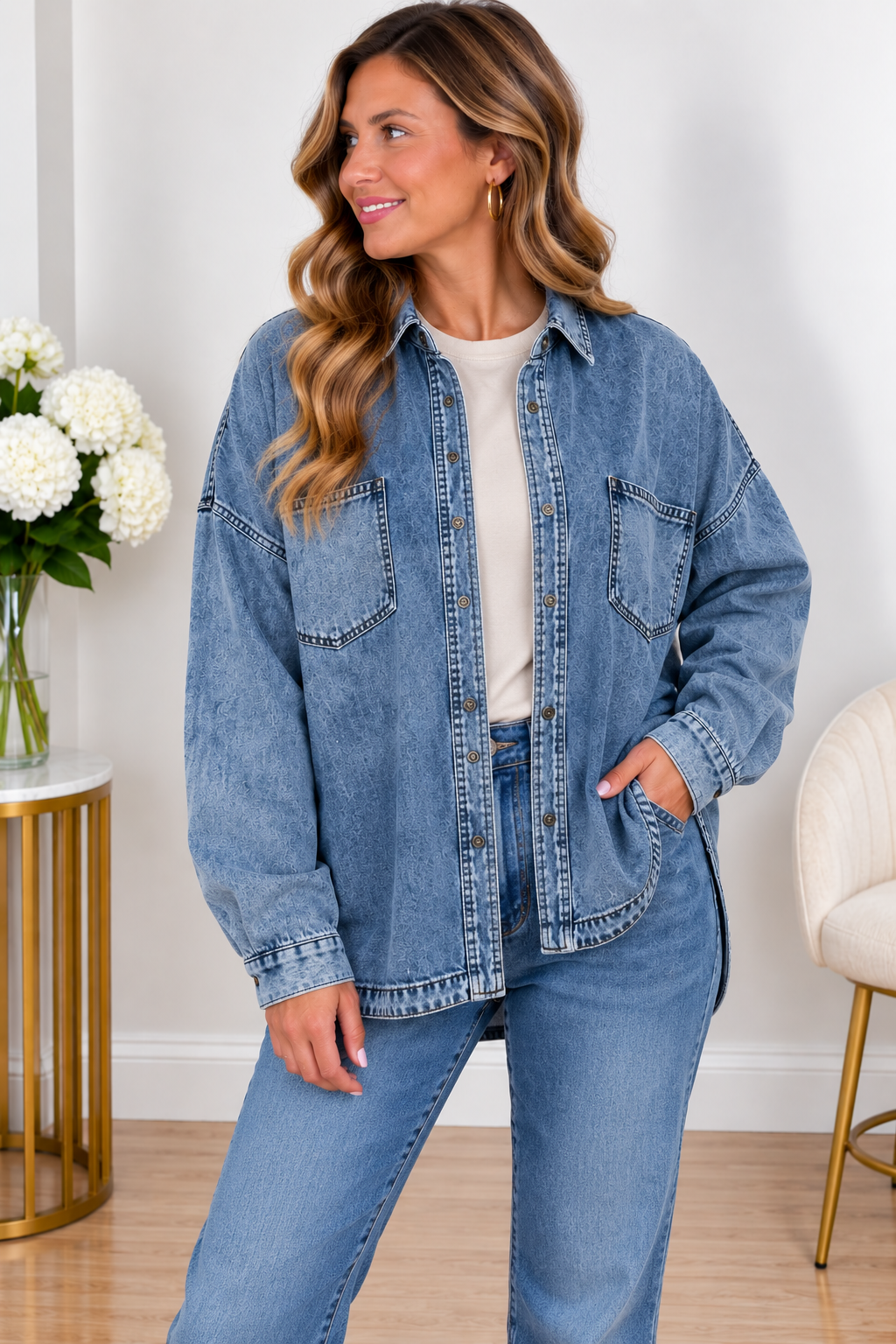 Oversized chambray button-down shirt with drop shoulders and front pockets.