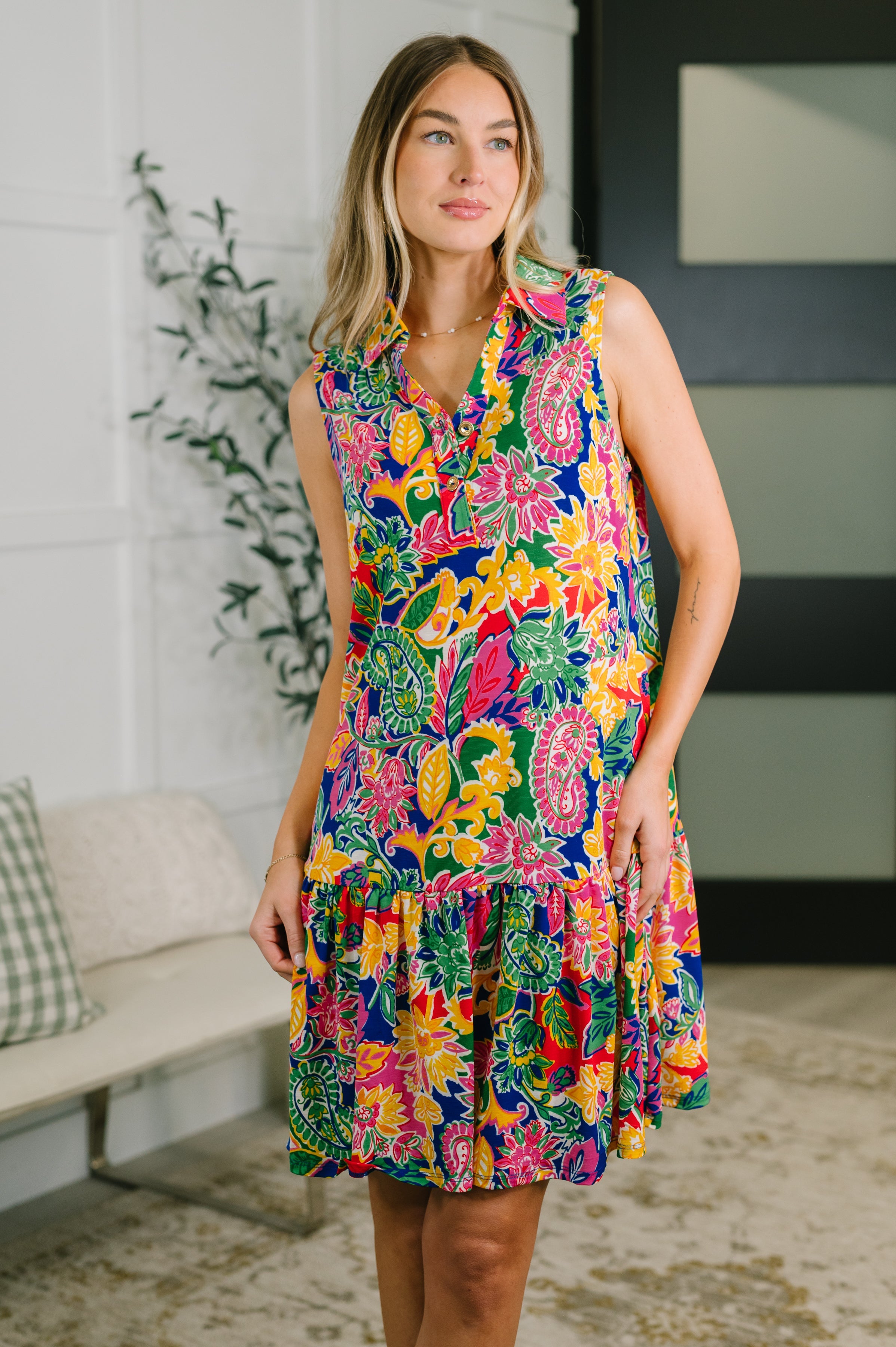 Floral paisley dress, collared tank dress, wrinkle resistant travel dress, Bulgari fabric clothing, summer sleeveless dress, cooling technology sundress, tiered mini dress, women’s stretch dress.