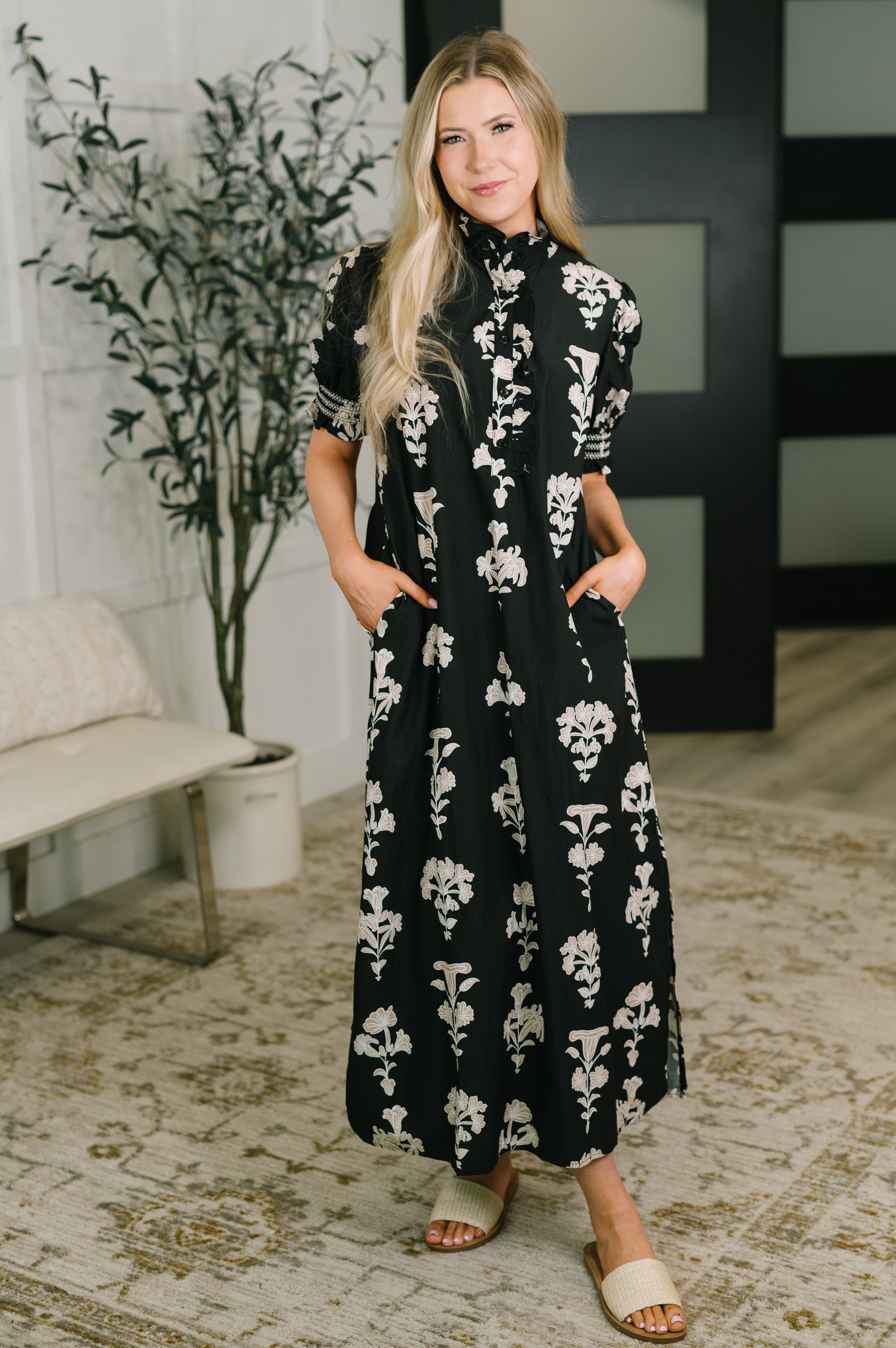 puff sleeve maxi dress, floral cotton maxi, dark floral dress, woven maxi dress with pockets, high neck button dress, feminine rebellious style, structured maxi dress