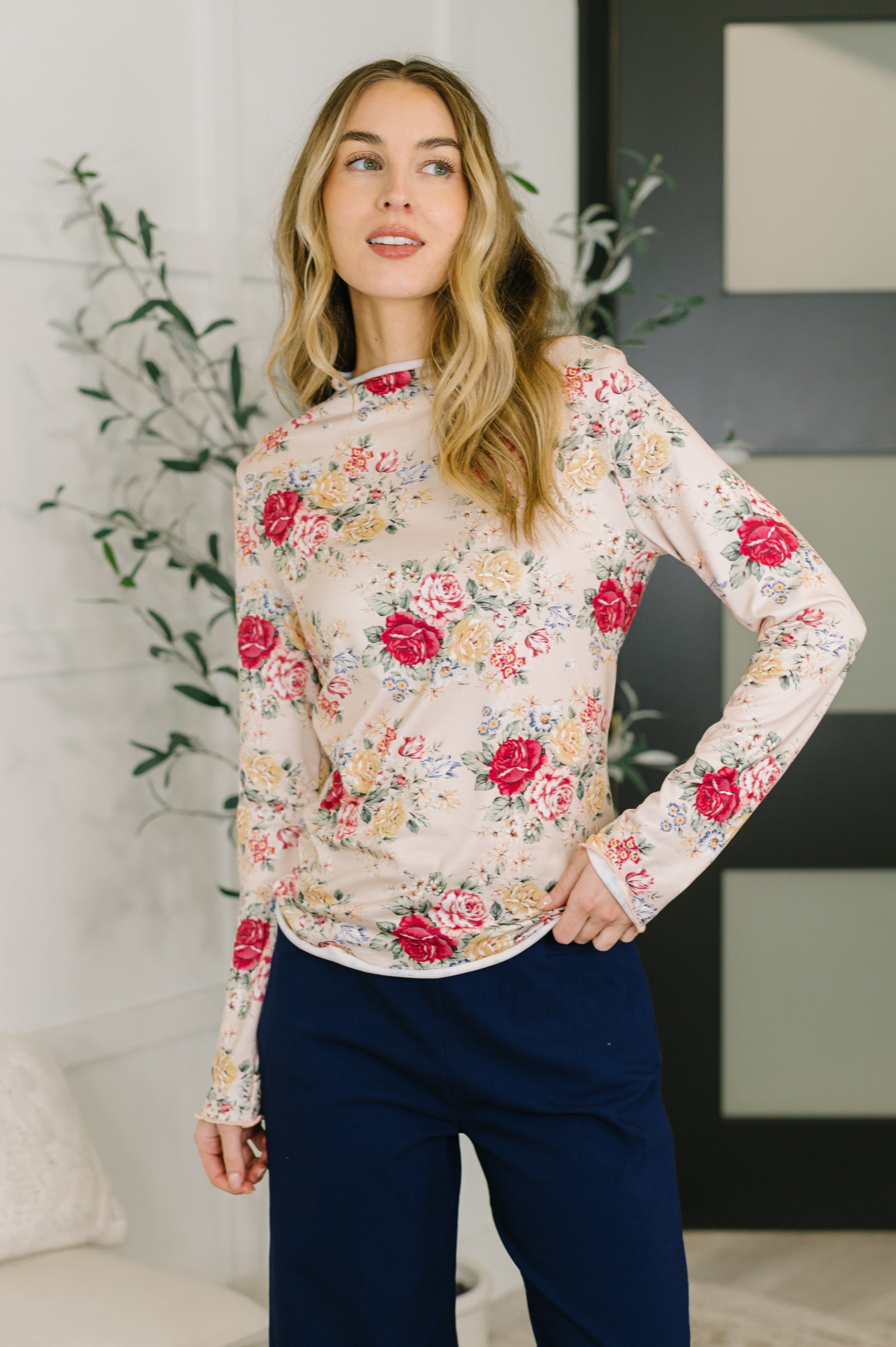 Floral High Neck Top, Lettuce Edge Long Sleeve, Jersey Knit Floral Top, Feminine Mock Neck, Stretchy Floral Blouse, Women's Layering Top, Direction to Perfection Top.