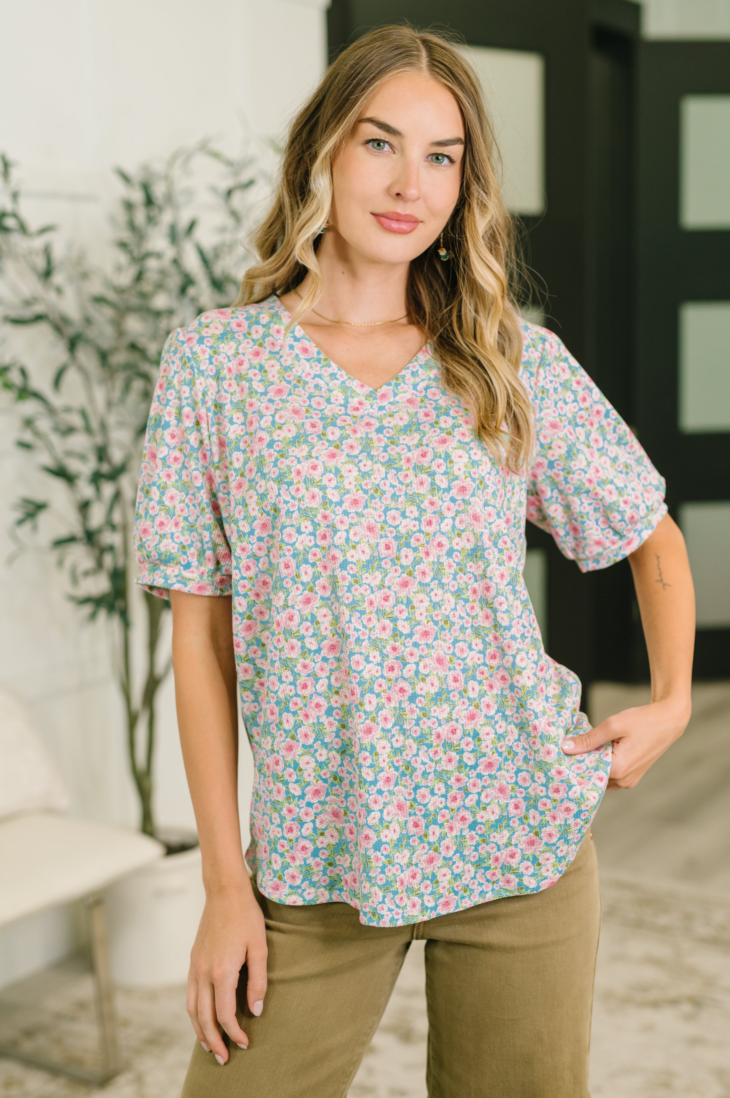 floral puff sleeve blouse, waffle knit top, women's floral V-neck, casual chic blouse, stretch floral top, everything in my power blouse, puff sleeve waffle knit