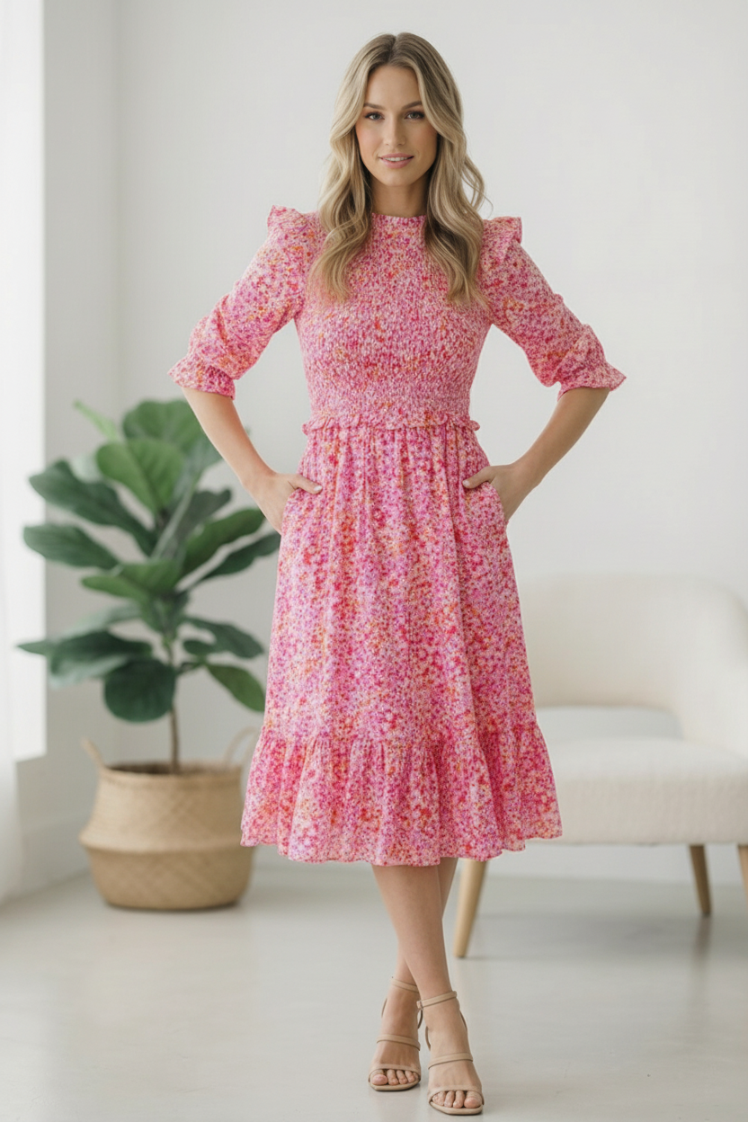 Pink floral midi dress, smocked bodice dress, puff sleeve cotton dress, spring brunch outfit, feminine floral dress, ruffle hem midi, 100% cotton sundress.