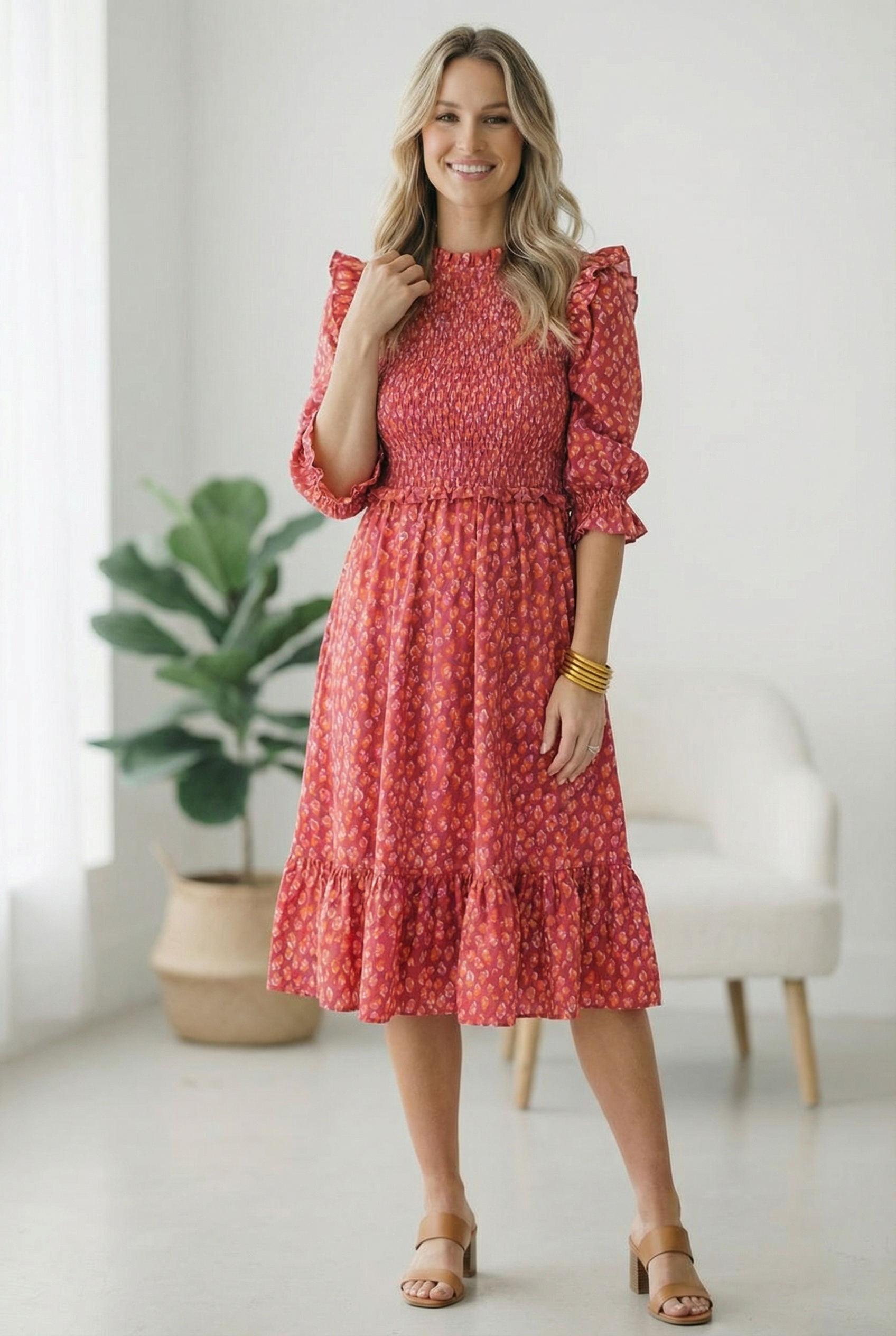 Smocked midi dress, 100% cotton floral dress, ruffle puff sleeve dress, red spring outfit, feminine animal print midi, brunch date dress, romantic spring fashion.