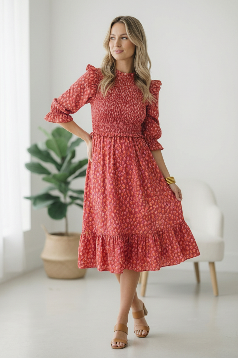 Smocked midi dress, 100% cotton floral dress, ruffle puff sleeve dress, red spring outfit, feminine animal print midi, brunch date dress, romantic spring fashion.