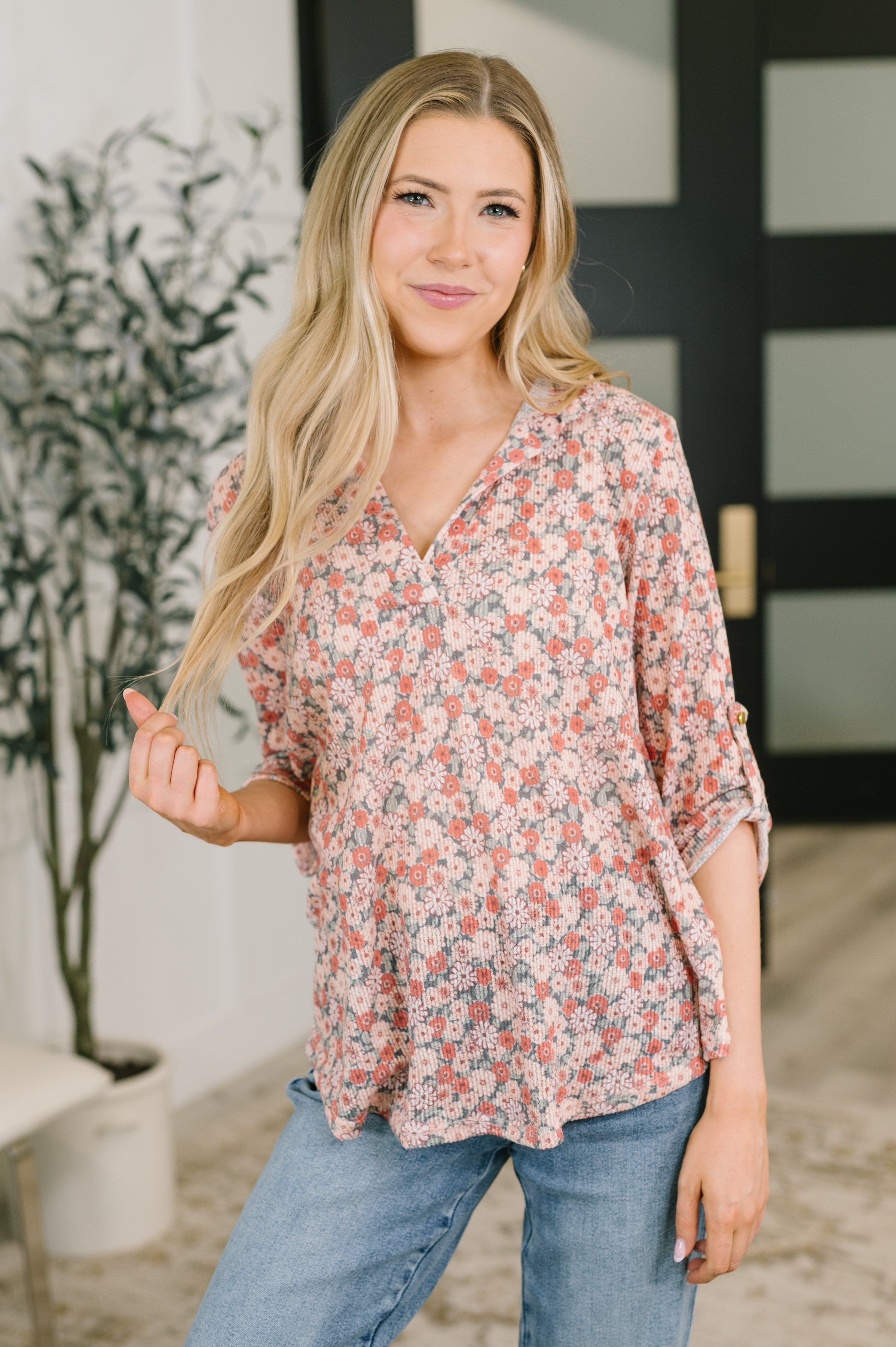 floral knit top, women’s split neck blouse, half sleeve floral shirt, relaxed fit knit top, sleeve tab blouse, casual floral top, stretch knit floral shirt