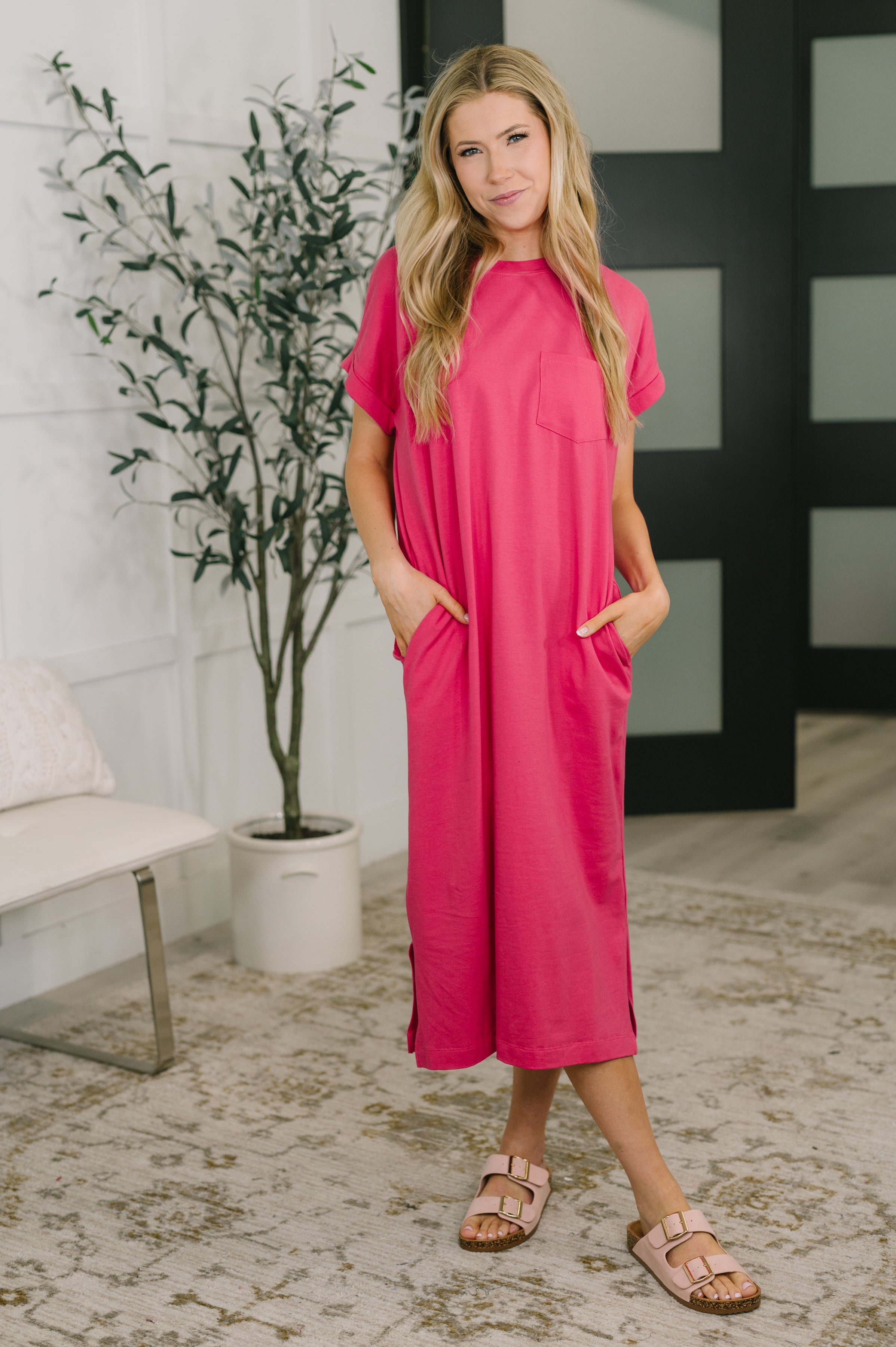 Hot pink midi dress, cotton t-shirt dress, pink dress with pockets, jersey knit midi, casual summer dress, women's pink midi, comfortable day-to-night dress, stretch midi dress.