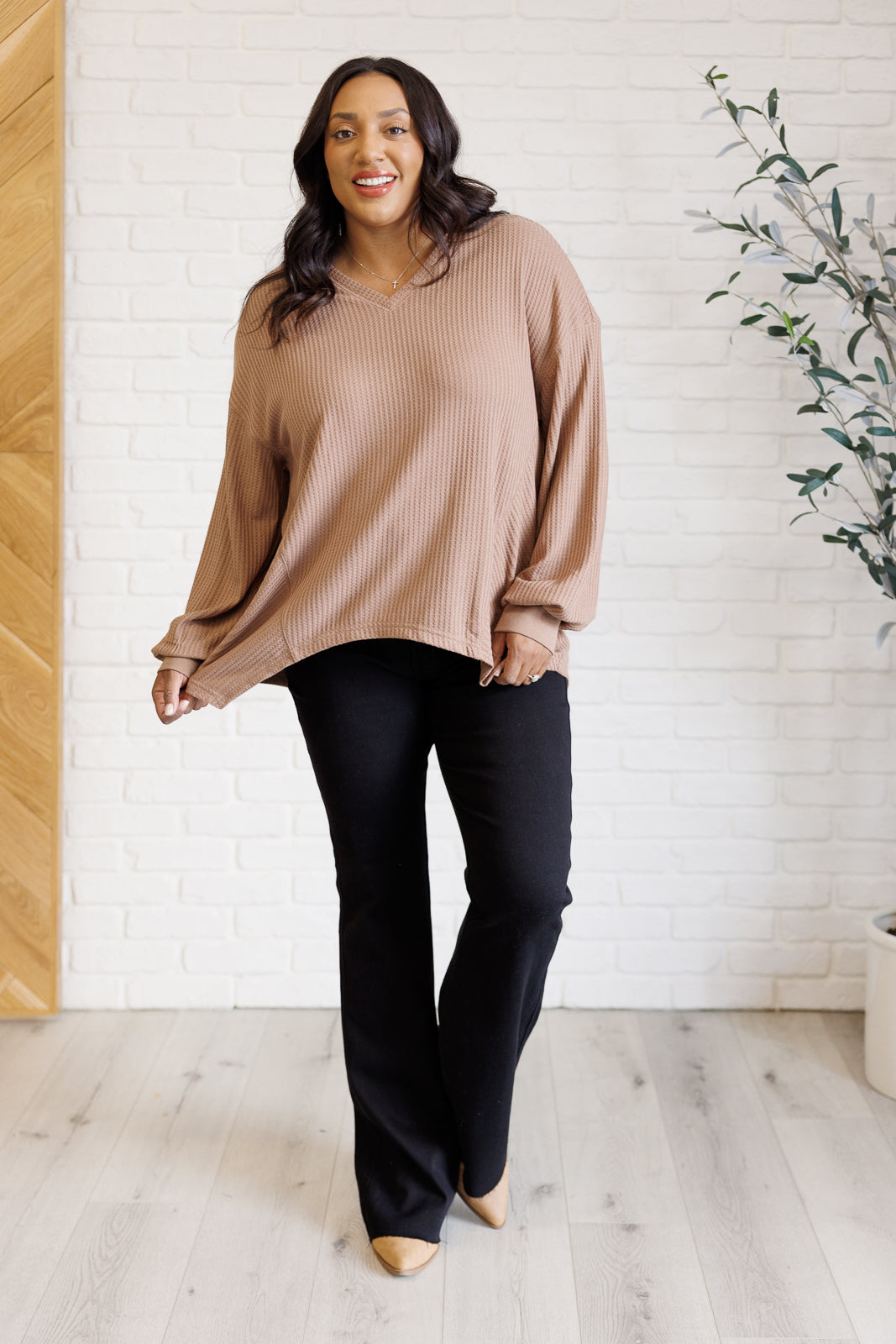 coffee waffle knit top, v-neck drop shoulder sweater, asymmetrical hem tunic, brown waffle knit shirt, women's cozy knit tops, stylish oversized v-neck, FabKnits coffee top