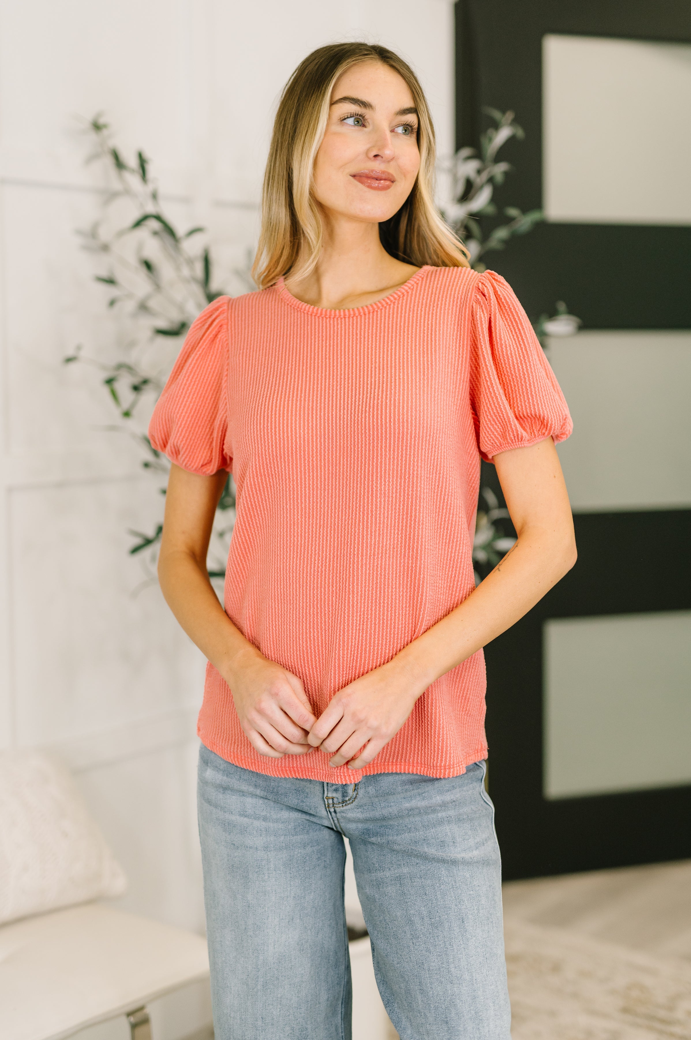 coral balloon sleeve blouse, cable knit top, women's stretch blouse, elegant ribbed knit, coral short sleeve top, Grace & Virtue clothing, chic office wear