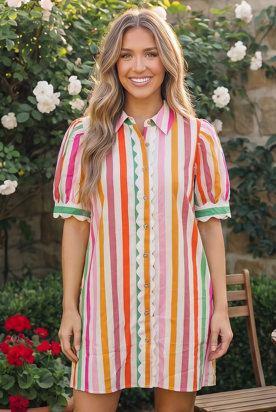 striped mini dress, summer shirt dress, colorful puff sleeve dress, scalloped trim dress, brunch outfit ideas, women's striped dress, vibrant summer fashion