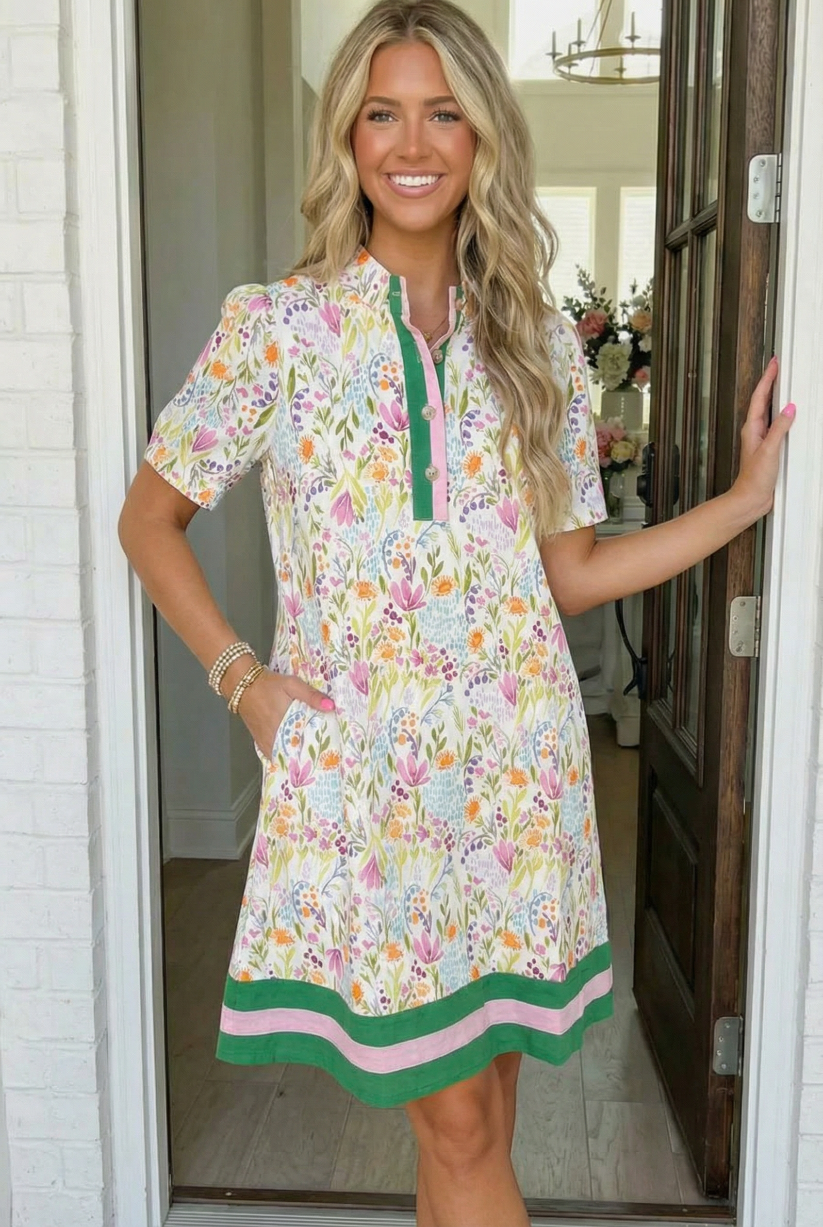 floral shift dress, wildflower botanical print, women's spring fashion, preppy garden party dress, A-line mini dress, colorful botanical dress, summer brunch outfit