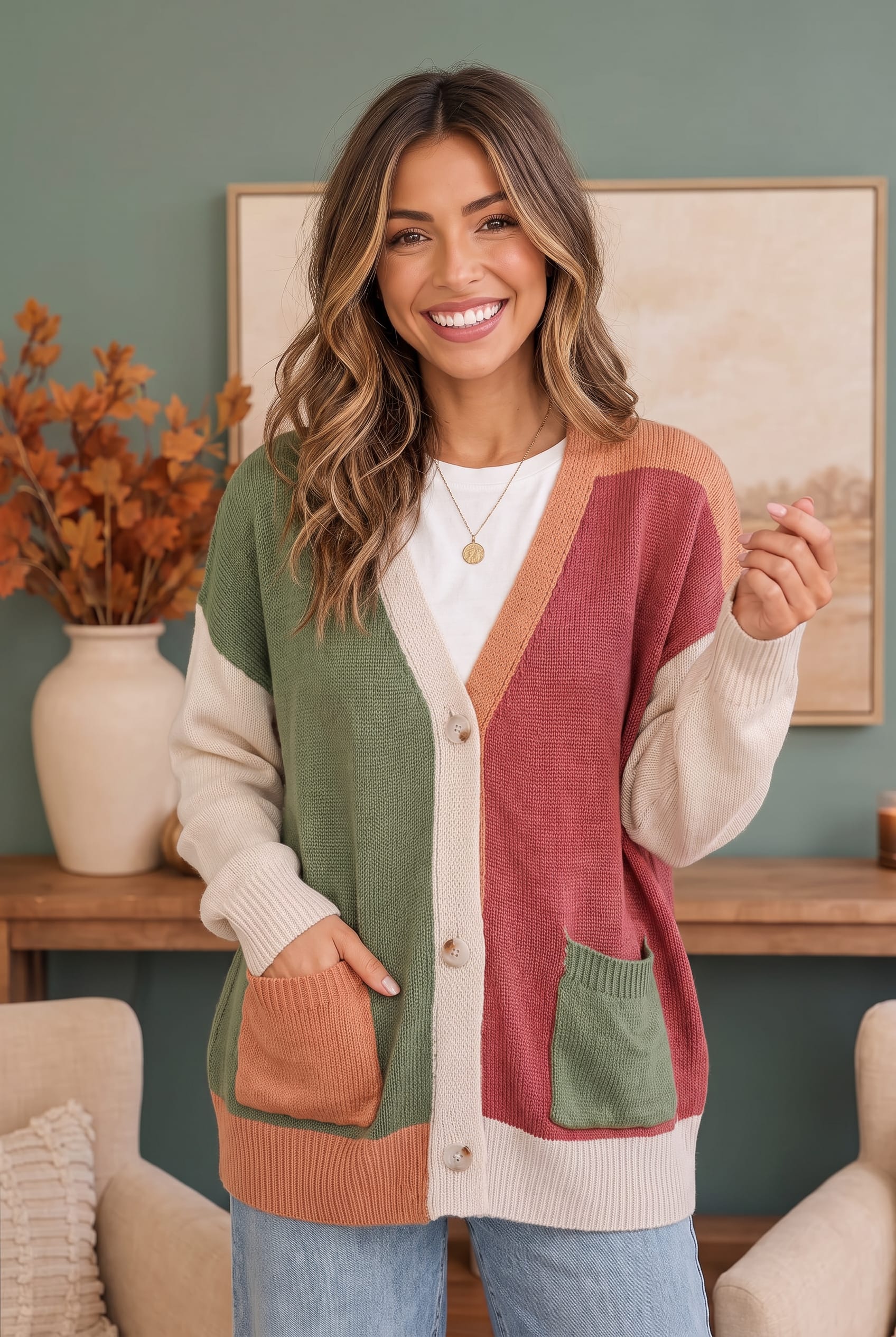 color block cardigan, oversized knit sweater, sage green cardigan, women's fall sweaters, terracotta knitwear, boho cardigan, button down sweater, dusty rose cardigan