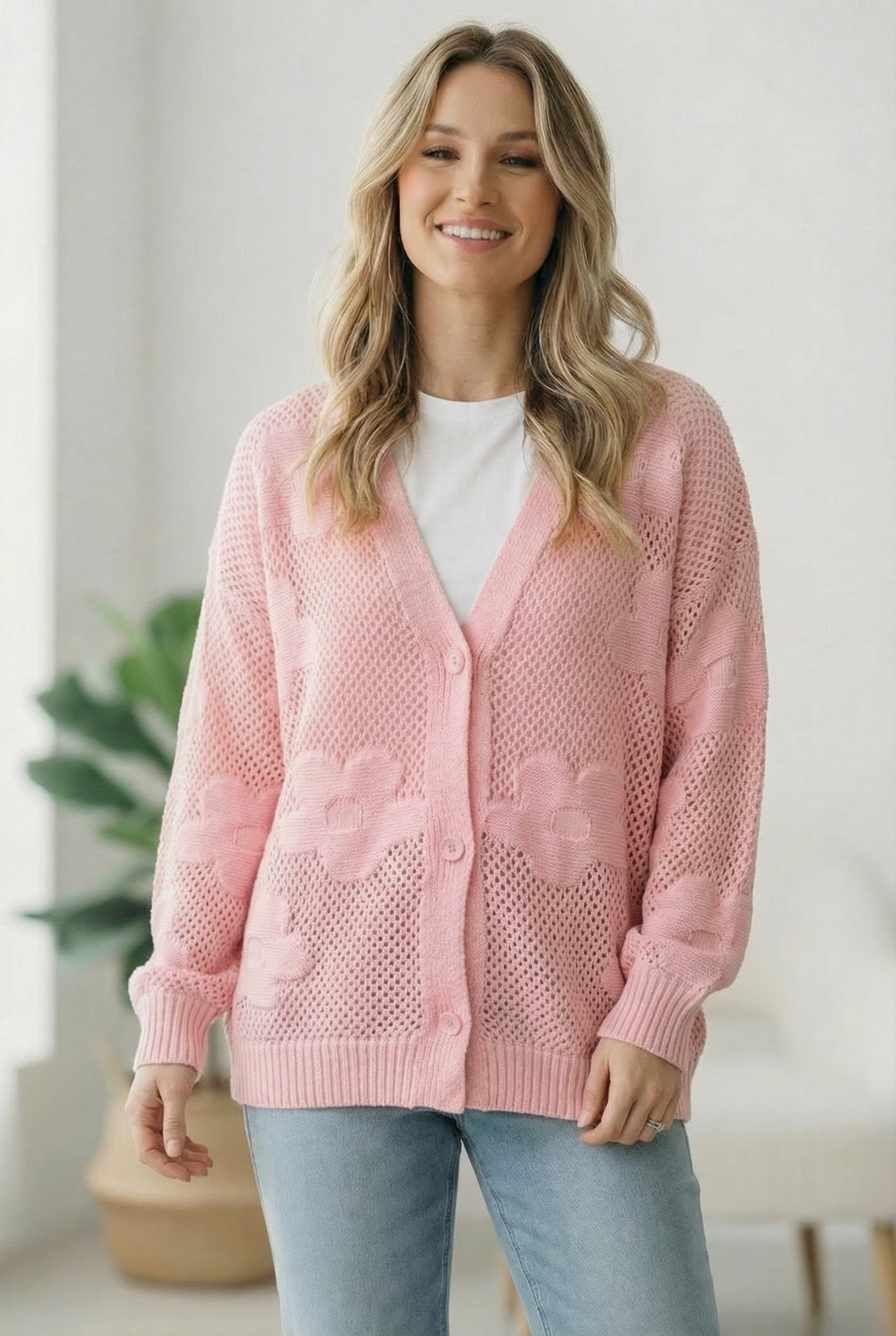 Pink cardigan, floral knit sweater, netted cardigan, jacquard sweater, women's V-neck sweater, boutique knitwear, boho pink sweater, lightweight summer layer, flower pattern cardigan.