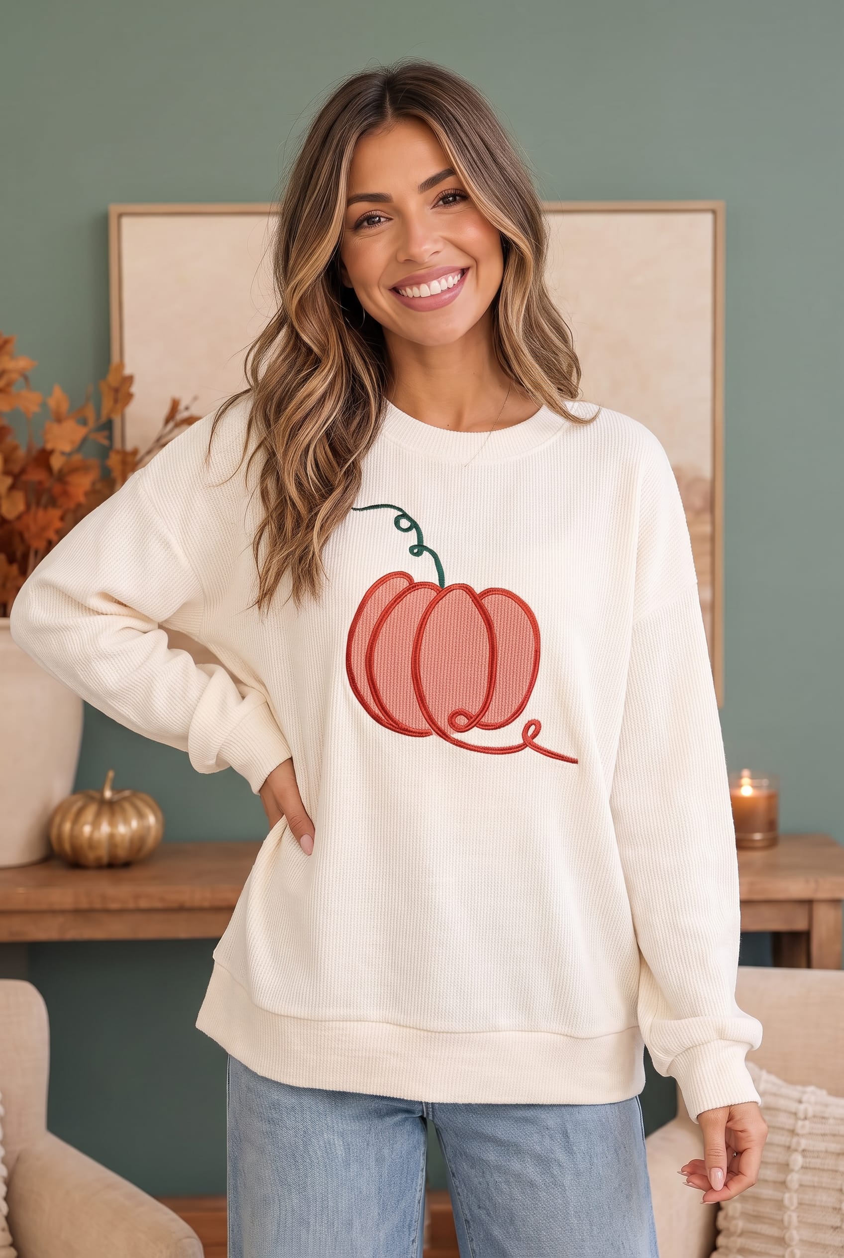 pumpkin sweatshirt, oversized corded pullover, fall fashion 2024, embroidered pumpkin top, cream fall sweatshirt, corded fabric sweater, pumpkin patch outfit, women's autumn loungewear