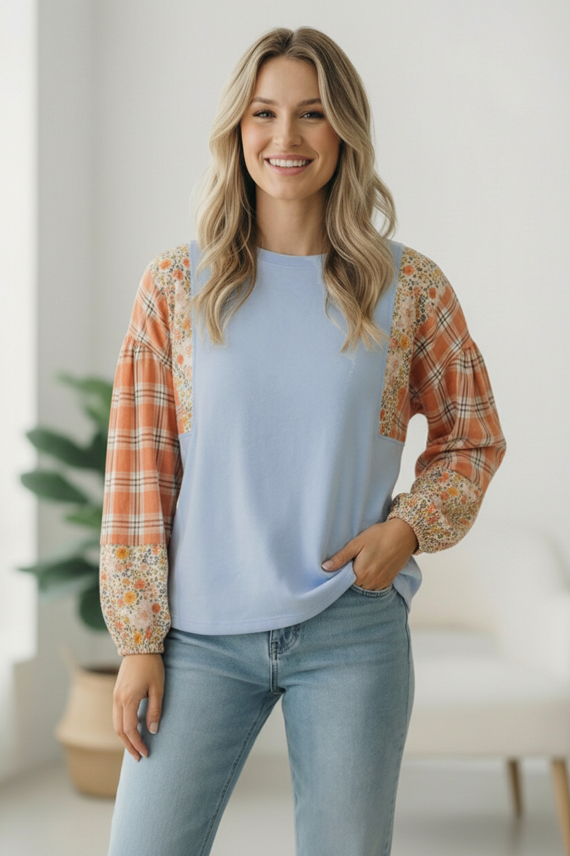 Women's Mixed Print Top, Floral Plaid Pullover, Bubble Sleeve Shirt, French Terry Knit Top, Boho Casual Wear, Color Block Sweatshirt, Weekend Fashion