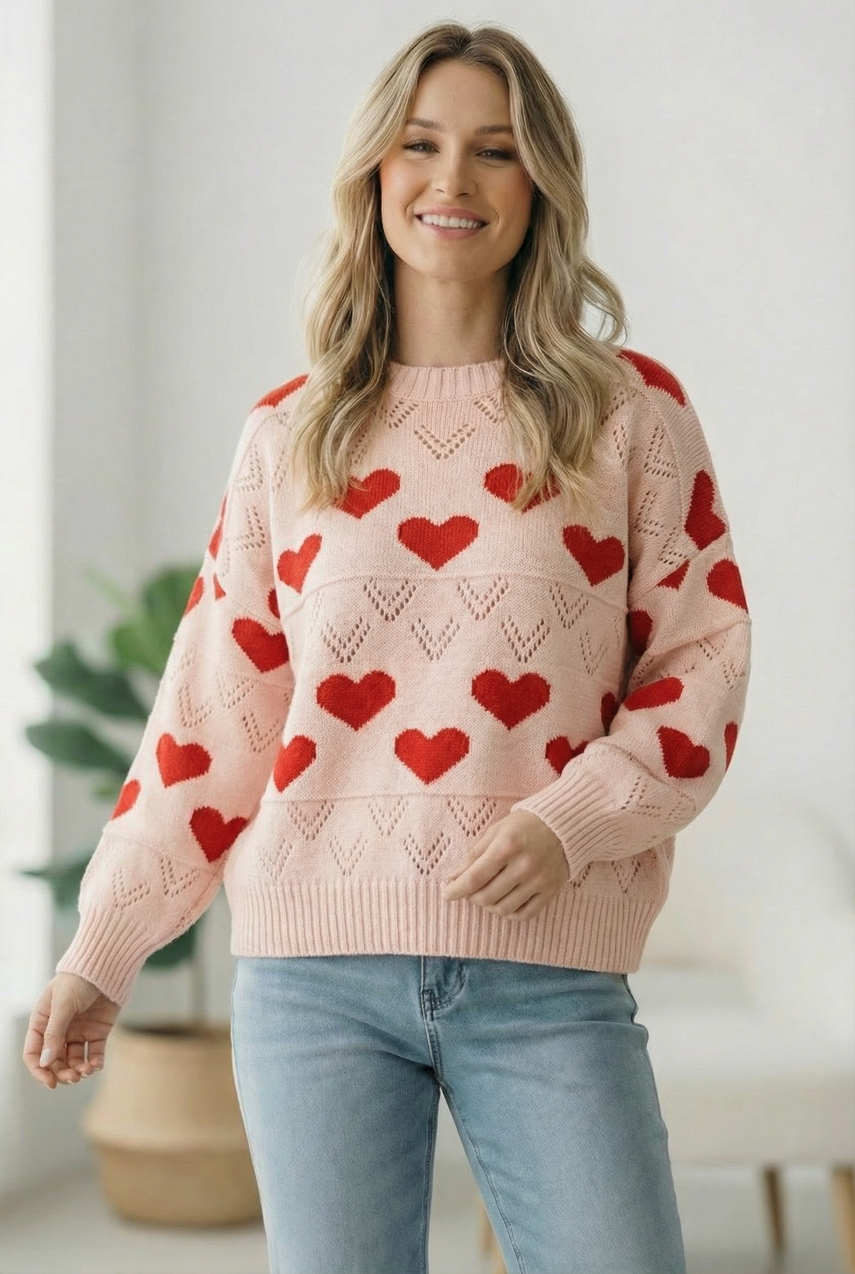 Heart sweater, jacquard pullover, women’s knit top, romantic sweater, Valentine’s Day outfit, pink heart sweater, soft knit pullover, boutique fashion, cozy sweater for women.