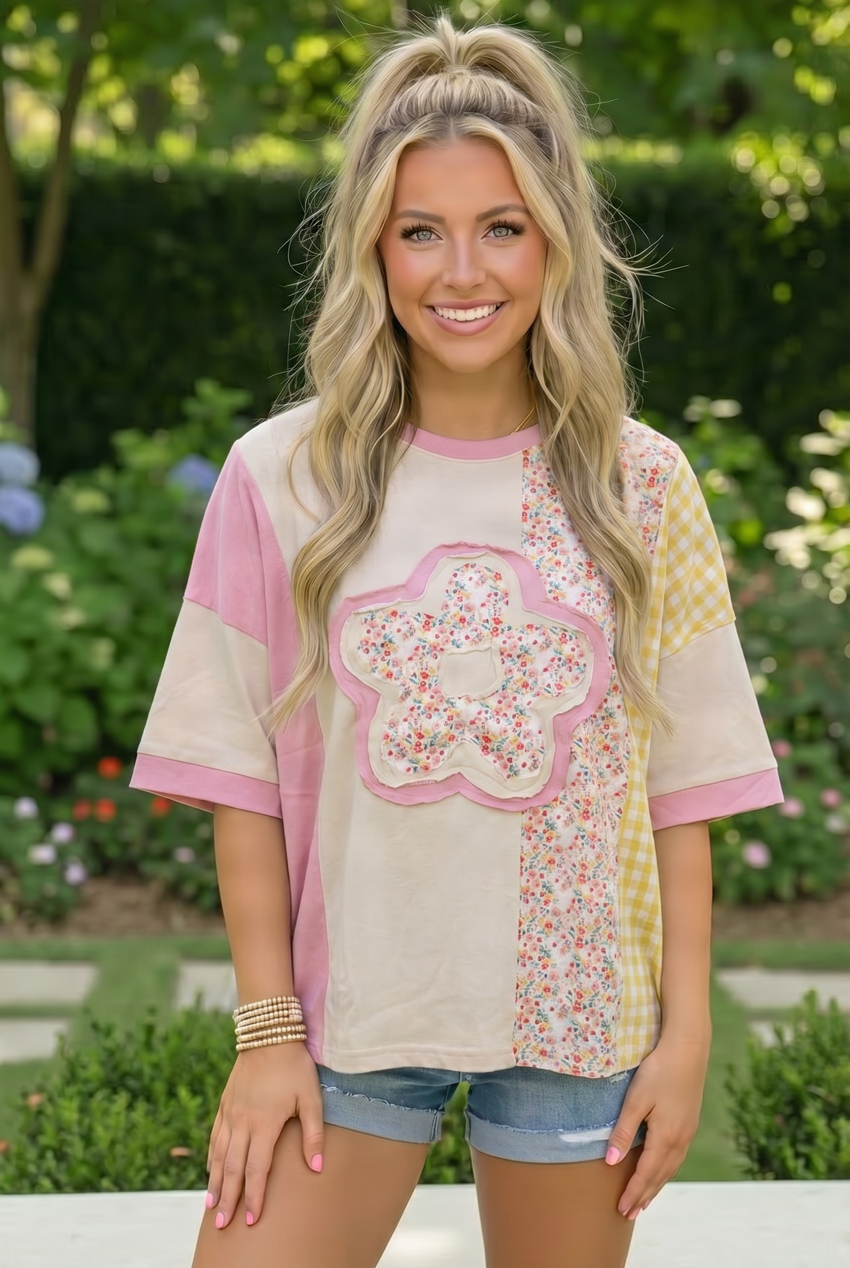 patchwork tee, floral graphic top, cottagecore clothing, oversized t-shirt, pink and yellow top, gingham shirt, mixed media apparel, boho floral tee, aesthetic summer fashion
