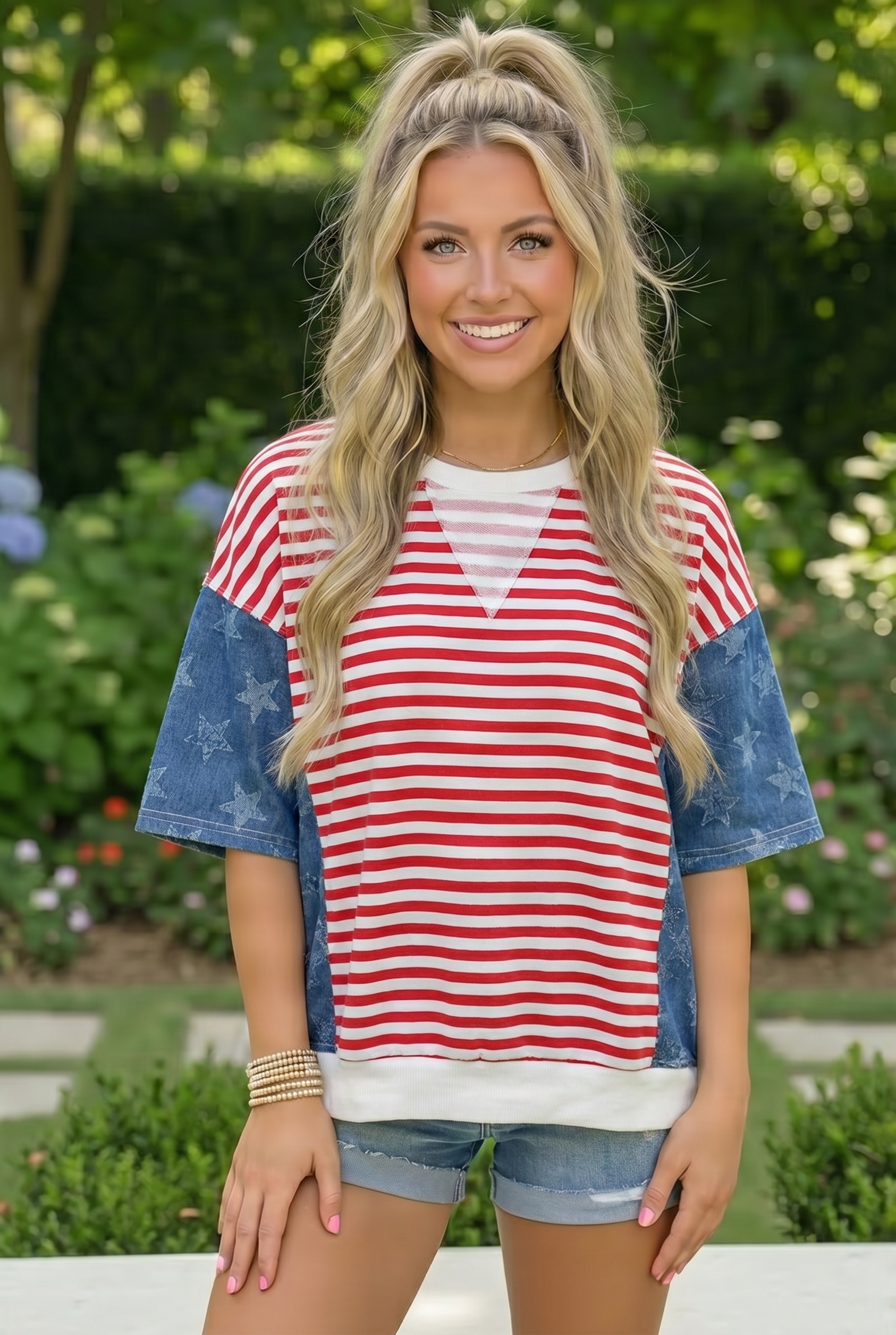 patriotic top, 4th of July shirt, Americana fashion, stars and stripes clothing, women's colorblock top, summer BBQ outfit, red white and blue top, star print shirt.